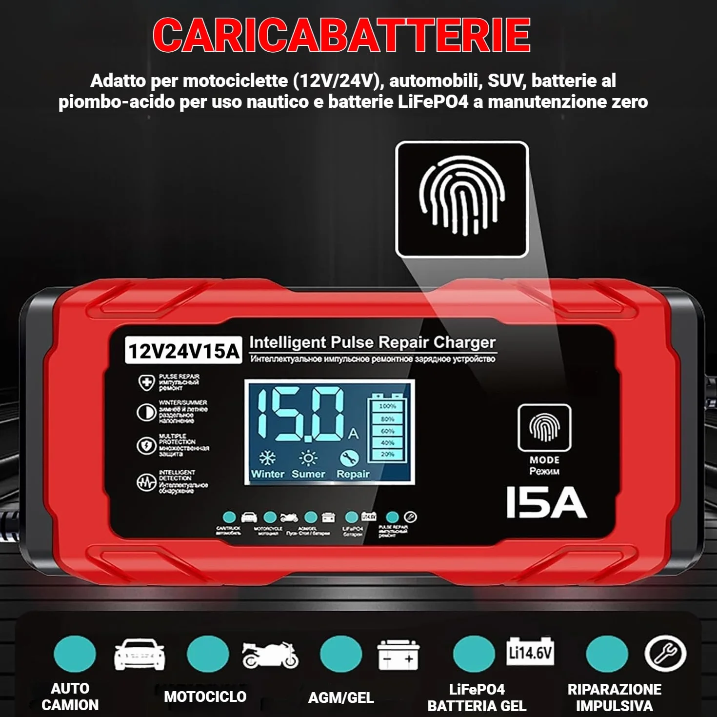 Caricabatteria per Auto 15A - 12V/24V 15A Carica Batterie intelligente Auto, Schermo LCD, Caricabatterie con Multi-Protezione, Compatibile con Batterie per Auto, Moto, AGM e LiFePO4