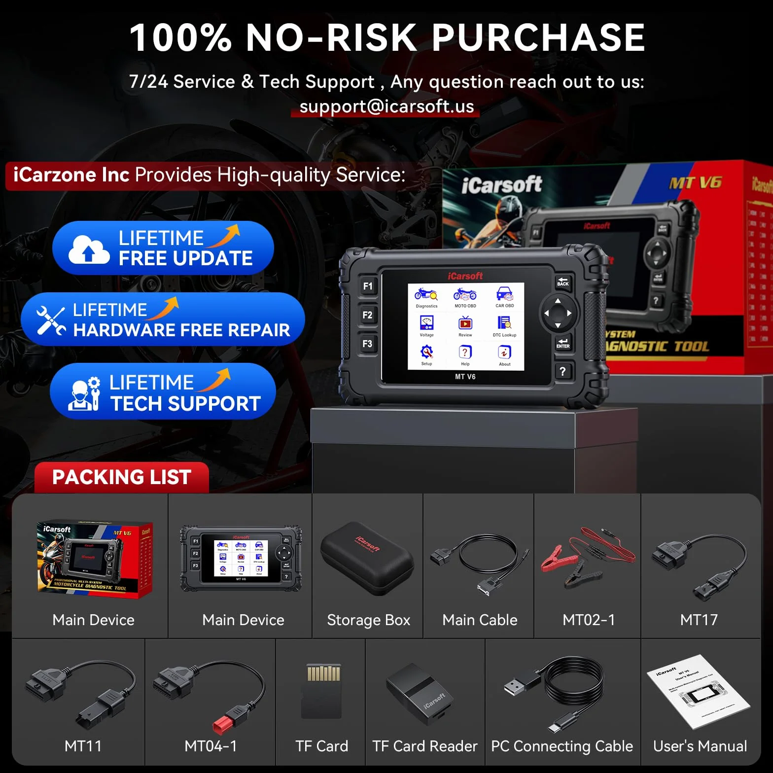 iCarsoft MT V6 Strumento di Diagnosi per Moto Ducati, Scanner OBD2 Completo, 153 Servizi Manutenzione, 112 Test Attuatori, Test Batteria