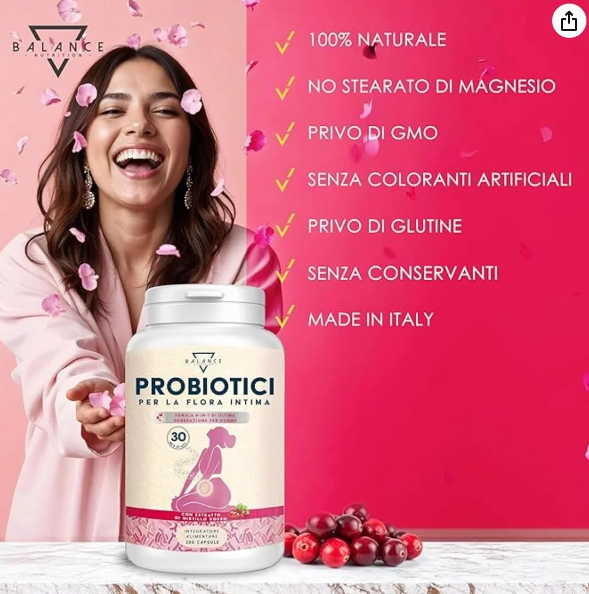 Probiotici e Prebiotici per la Flora Intima 200 Capsule 30 Miliardi CFU/giorno Lactobacillus Rhamnosus Reuteri Crispatus Fermentum Mirtillo Rosso
