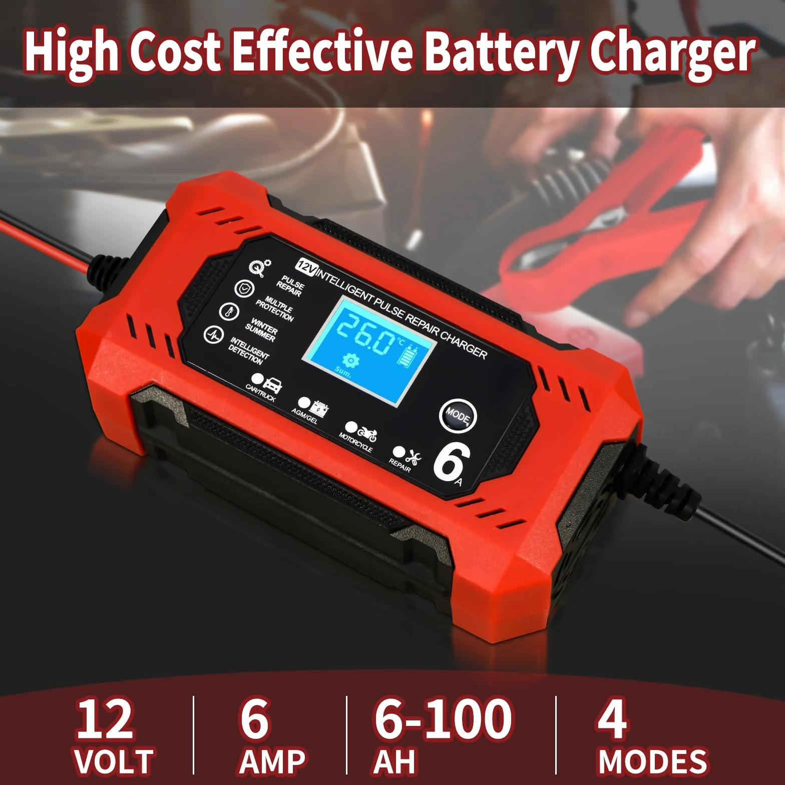 Caricabatterie Auto 6A 12V Mantenitore Batteria Moto con Schermo LCD per Auto Moto Barche AGM