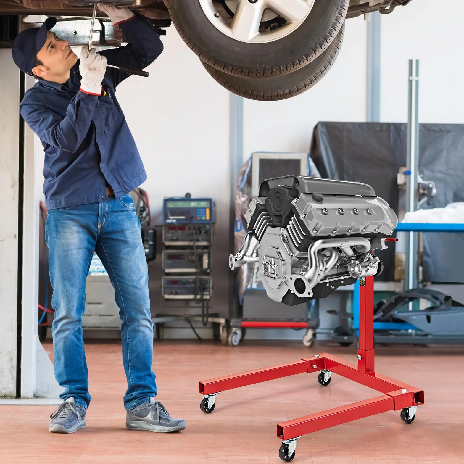 COSTWAY Cavalletto per Motore, Supporto Motore con Testa Rotante a 360°, 4 Bracci Regolabili, Ruote e Maniglia, capacità di carico 340 kg / 680 kg (Modello 680kg)