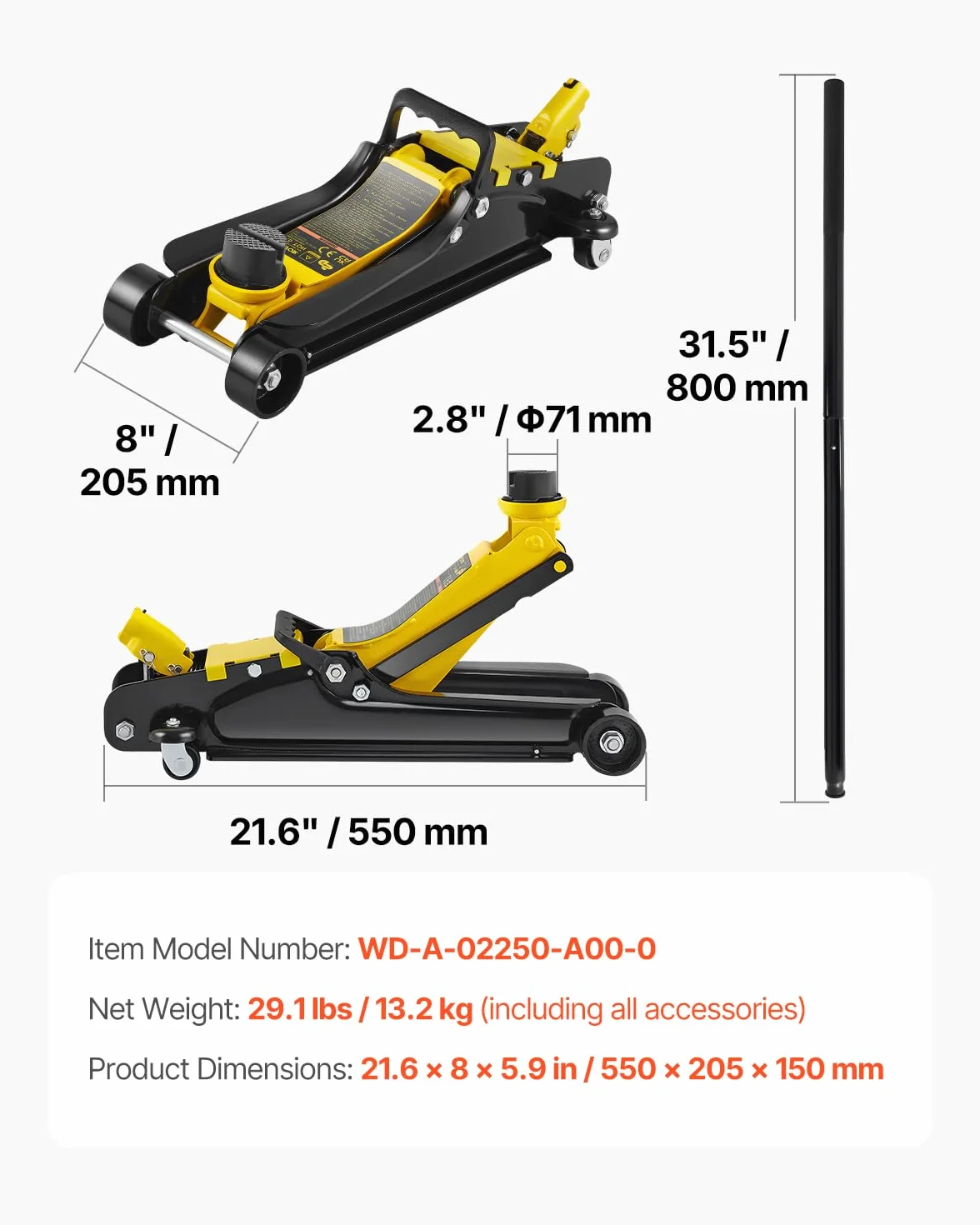VEVOR Martinetto Idraulico a Pavimento in Acciaio 2,5 Tonnellate Altezza Regolabile 85-380mm