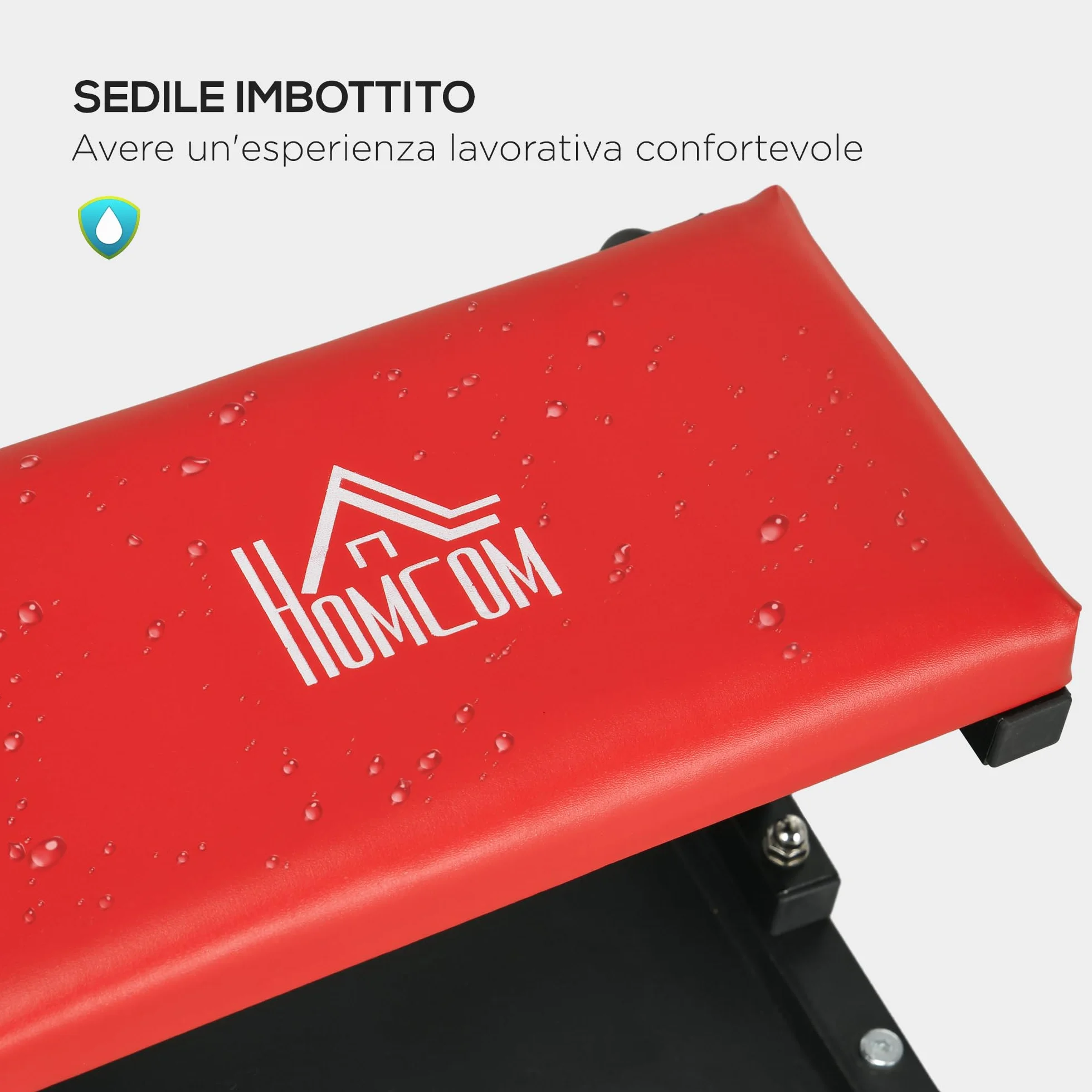 HOMCOM Sgabello da Officina con Ruote e Vassoio Porta Attrezzi, 38x35x37cm, Rosso