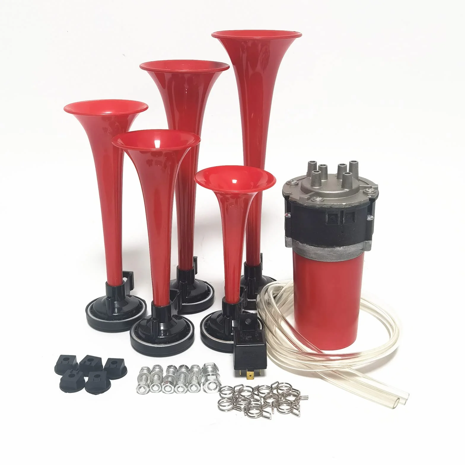 Clacson per auto Clacson Car Horn 12V Clacson per nave Tromba a cinque tubi Dixie 160db Tromba d'aria rossa Tromba per camion con altoparlante della pompa dell'aria per 12V auto camion SUV ecc