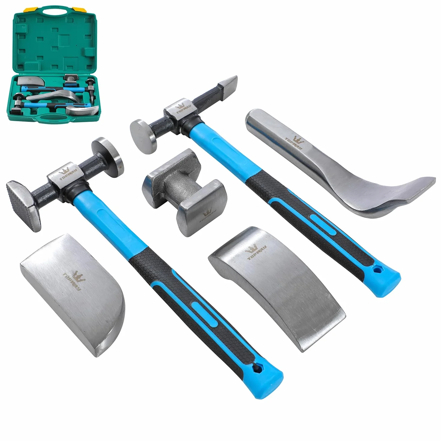 TOPWAY Set di 6 attrezzi professionali per riparazione ammaccature, manico in fibra di vetro, martello, carrelli, per la rimozione di ammaccature e carrozzeria, modello 454231
