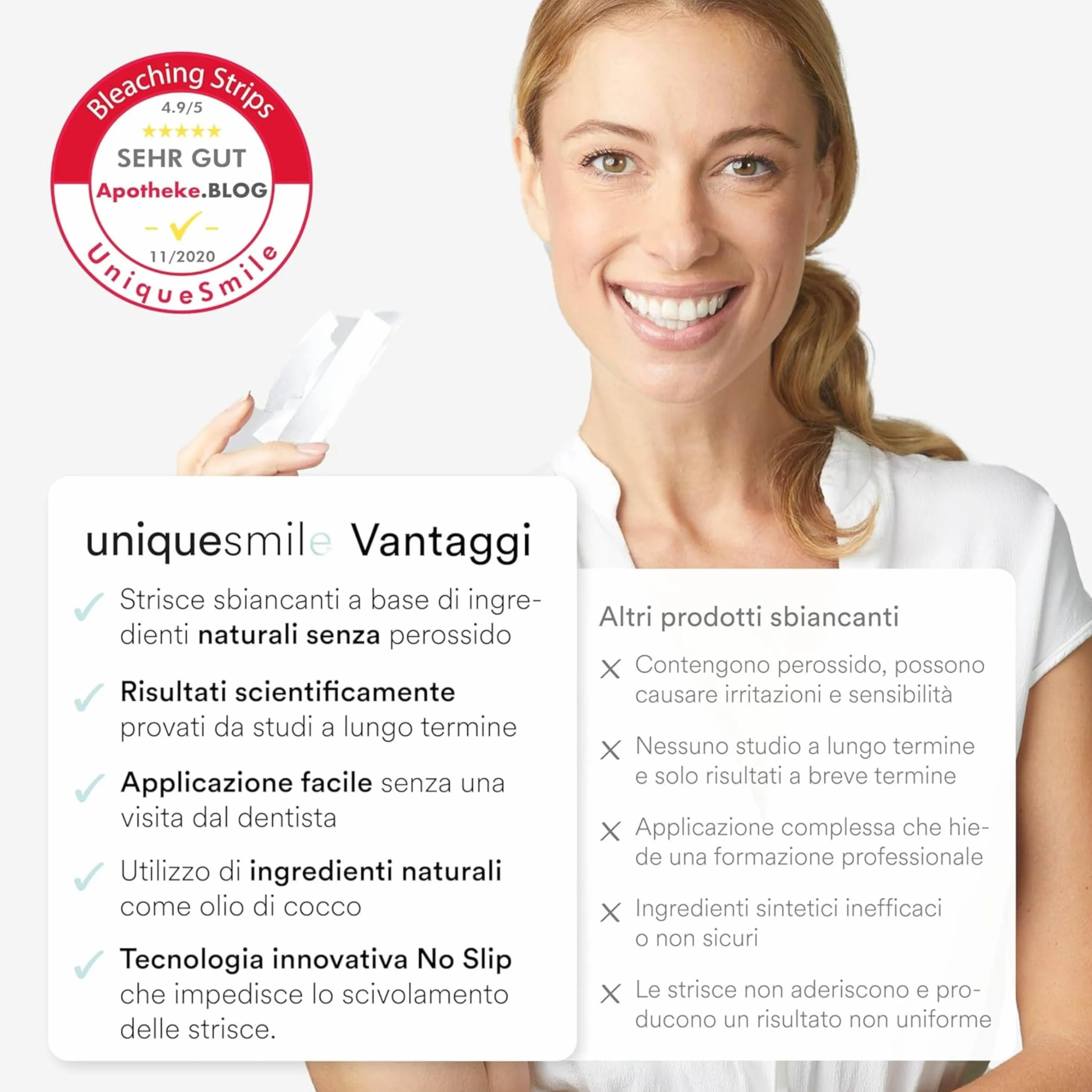 Uniquesmile Strisce sbiancanti denti senza perossido formula innovativa ingredienti naturali set 40 pezzi