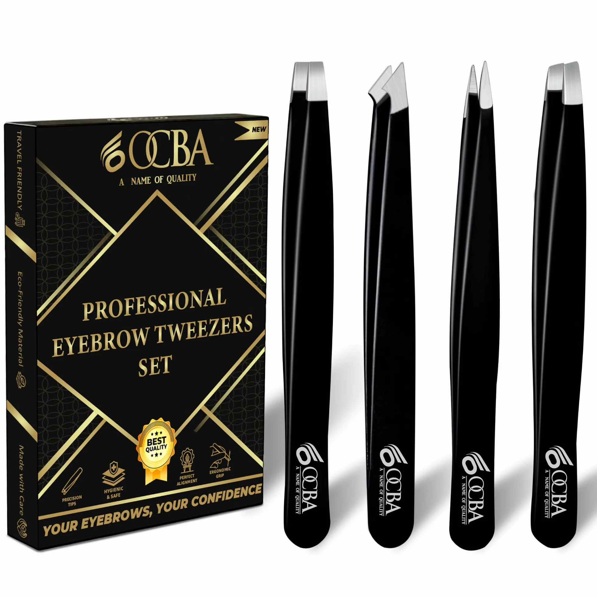OCBA 4 pezzi Pinzette per sopracciglia professionali in acciaio inossidabile a punta e angolate