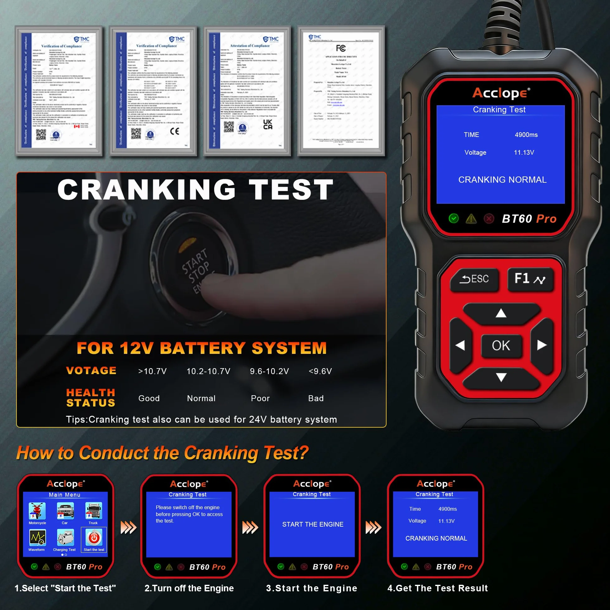 BT60 Pro Tester Digitale per Batterie Auto, CCA 100-3000, Analizzatore 6V 12V 24V, Sistema di Diagnostica Alternatore per Auto, Moto, Camion, Compatibile con AGM, Litio, Gel