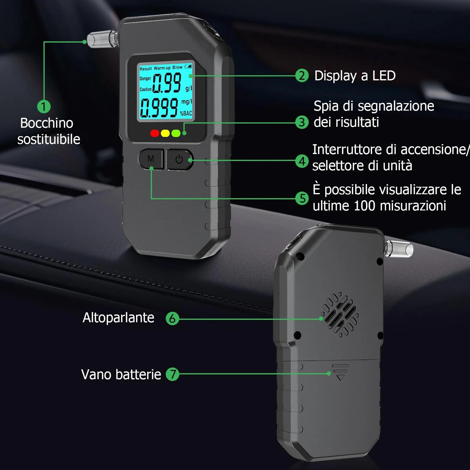 Etilometro Portatile Certificato Professionale Digitale con Display LED 20 Bocchette