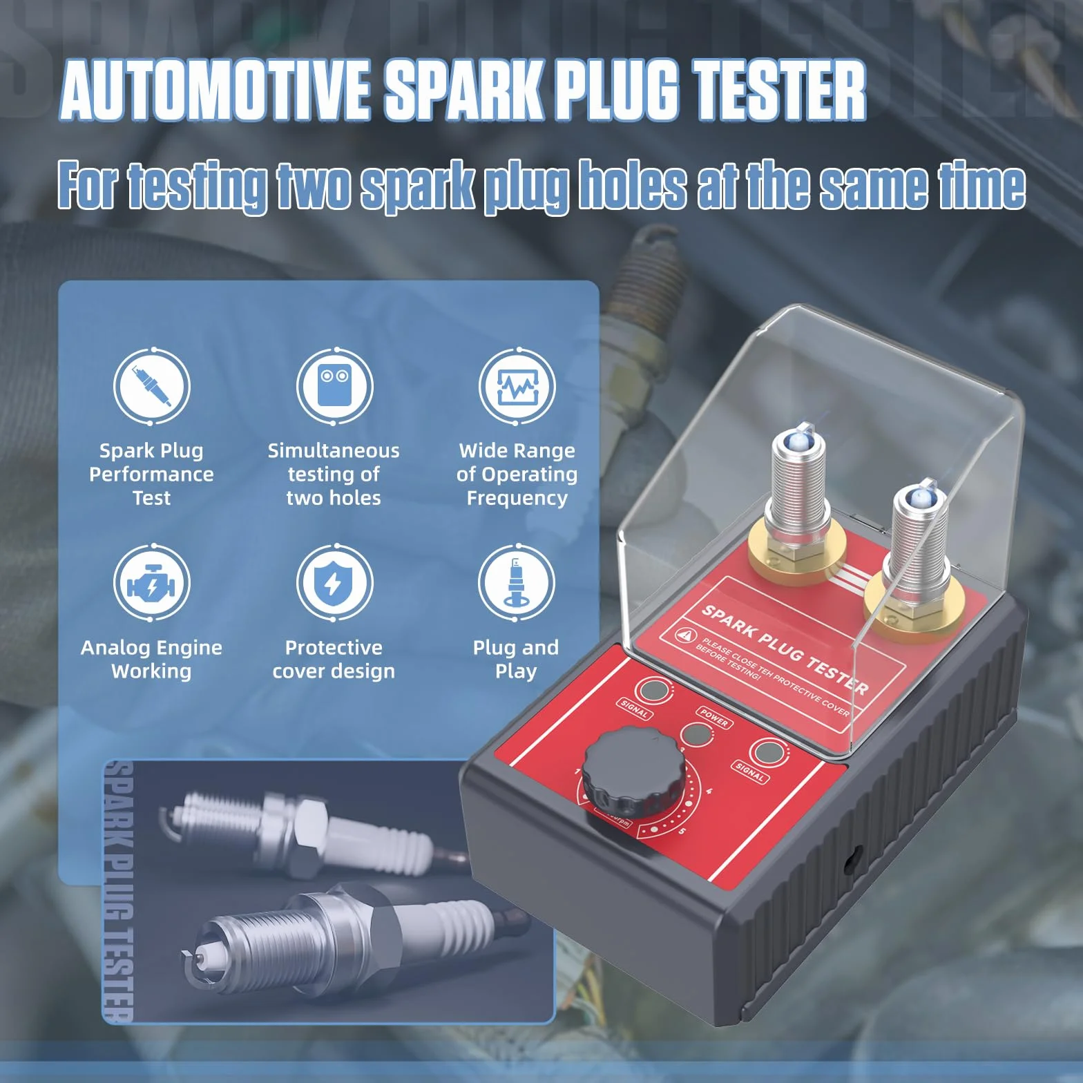 BELEY Tester per Candele Automobilistiche a Doppio Foro, Strumento Tester per Bobine di Accensione Regolabile 0-6000 giri/minuto, 12V Rosso