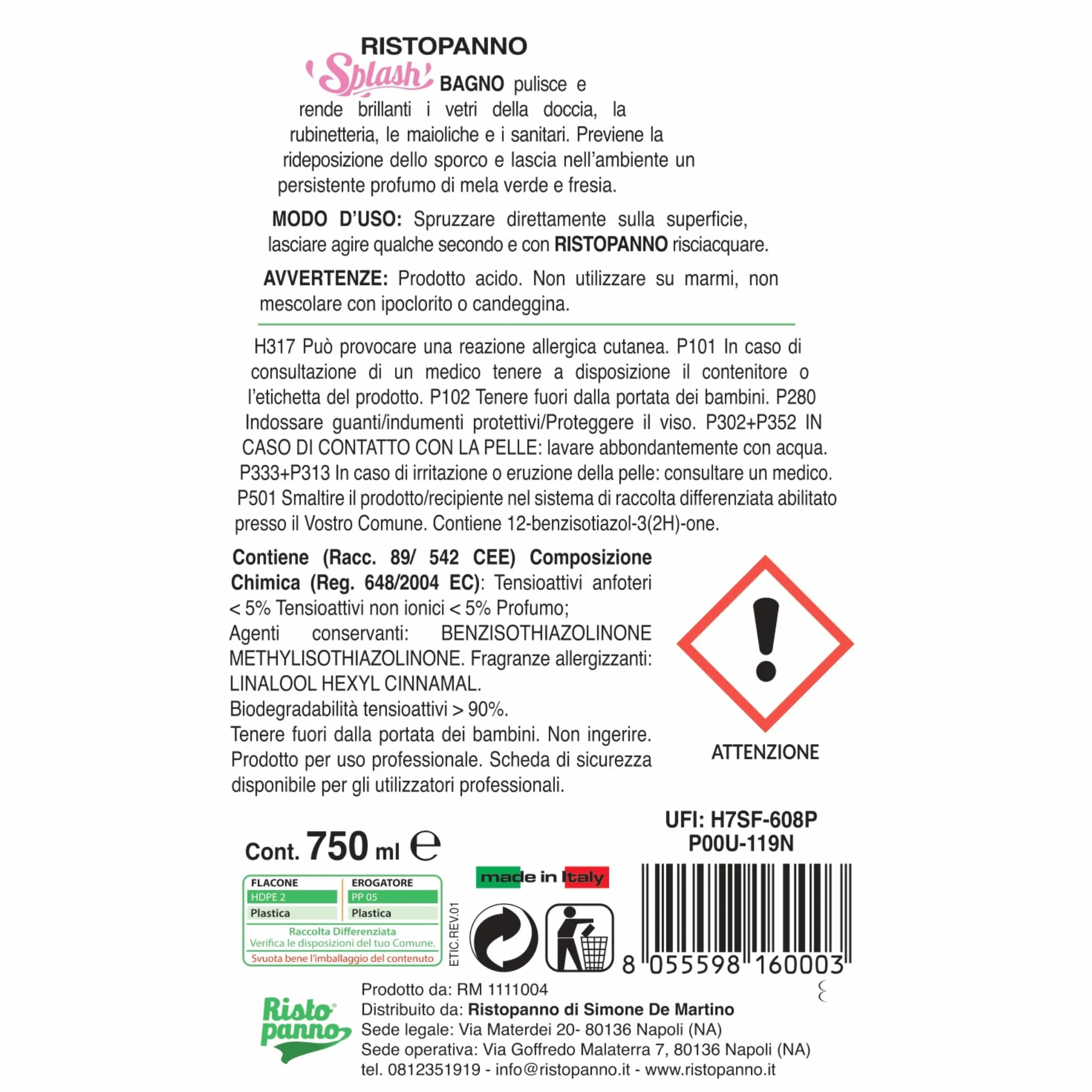 RISTOPANNO Detergente Anticalcare Spray Multiuso Professionale 750ml - Pulizia Doccia Rubinetteria Sanitari