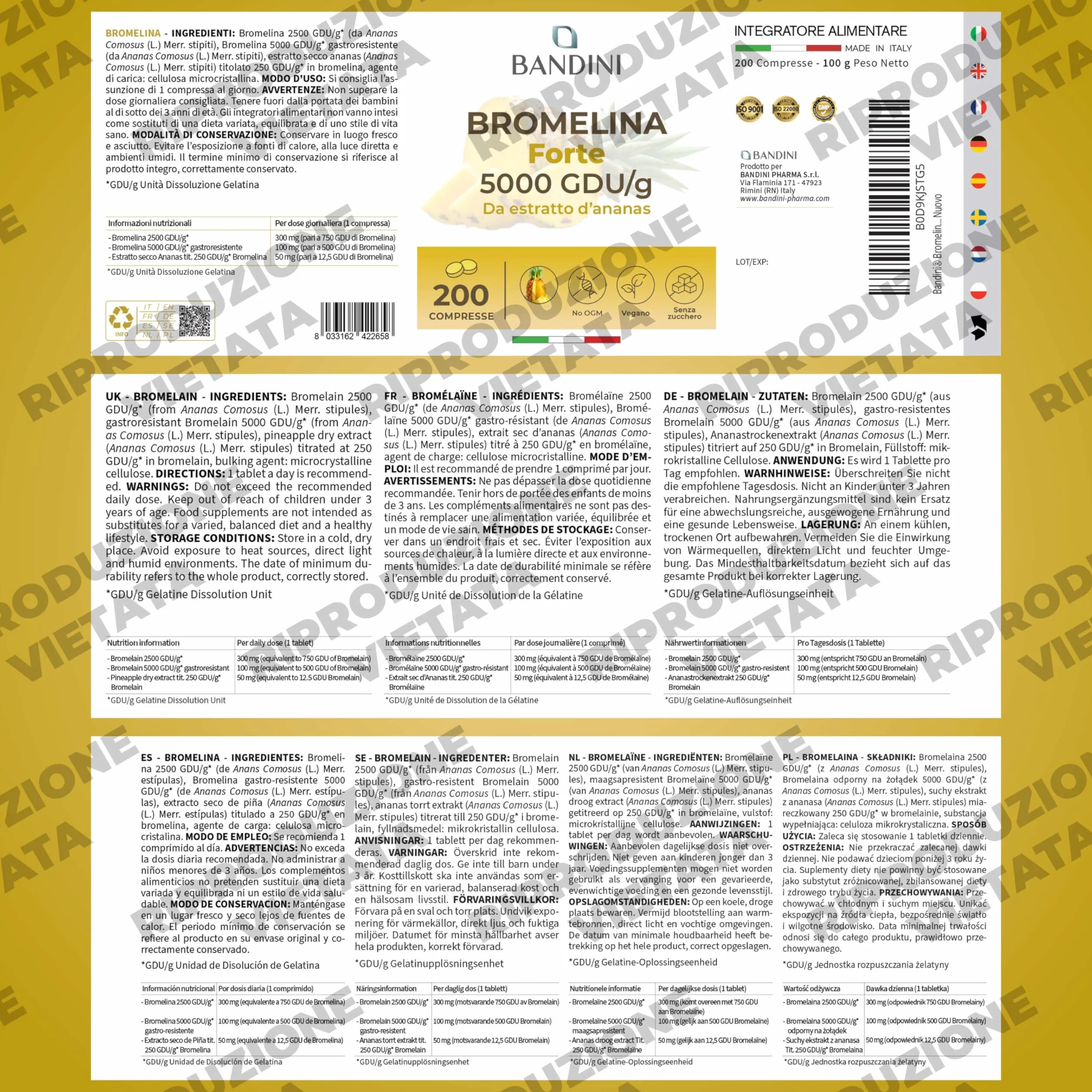Bandini Bromelina Forte 5000 GDU/g Gastroprotetta 200 Compresse, Enzima Digestivo, Estratto di Ananas, Bromelina Strong, Pura, Alto Dosaggio, Vegano