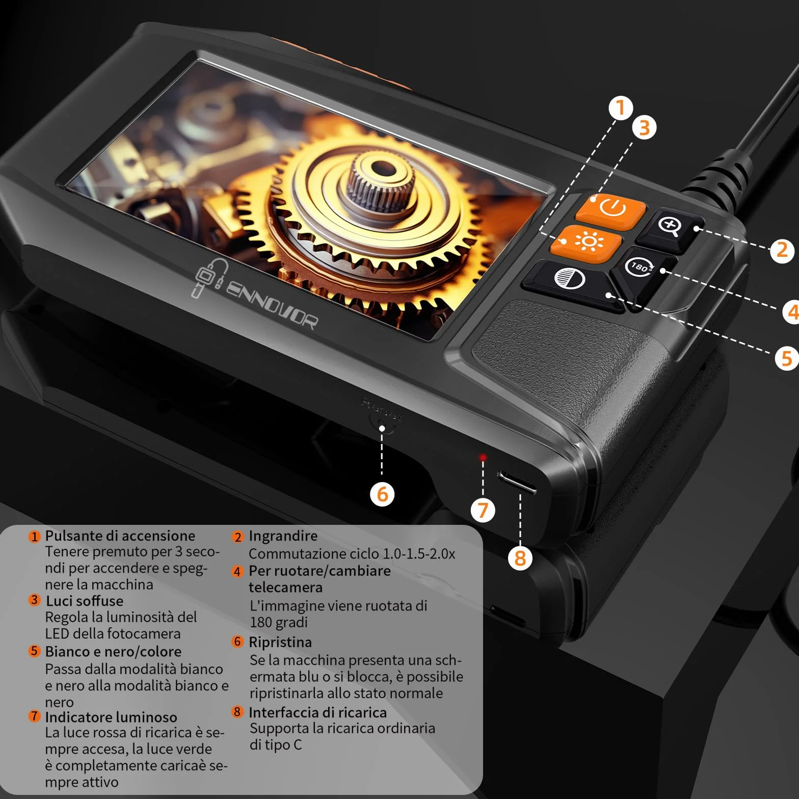 Endoscopio Industriale 1920P HD Telecamera Ispezione Tubi 4,3" Schermo IP67 Sonda 8 LED 5M
