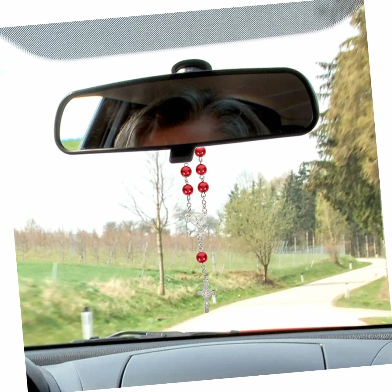 Rosario per Auto Specchietto Retrovisore Croce in Metallo Rosso, Set 2 Pezzi, Decorazione Religiosa Uomo Donna, Accessorio Interni Veicolo per Spiritualità e Stile Stili Multipli