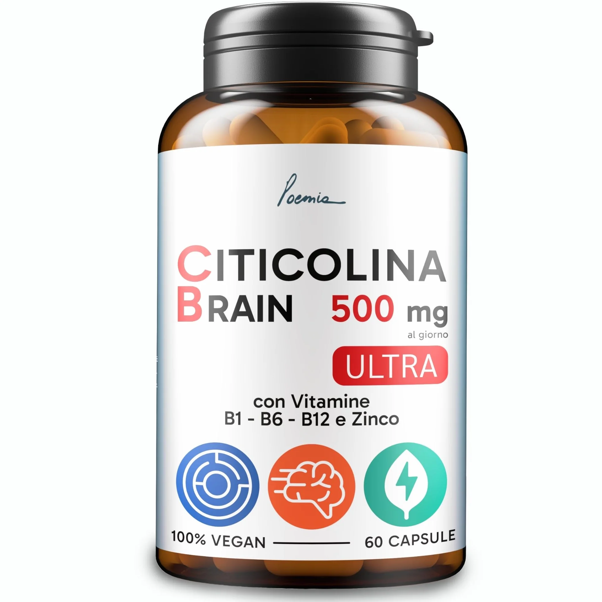 Citicolina 500mg Integratore Memoria Concentrazione Zinco Vitamine B6 B1 B12 60 Capsule