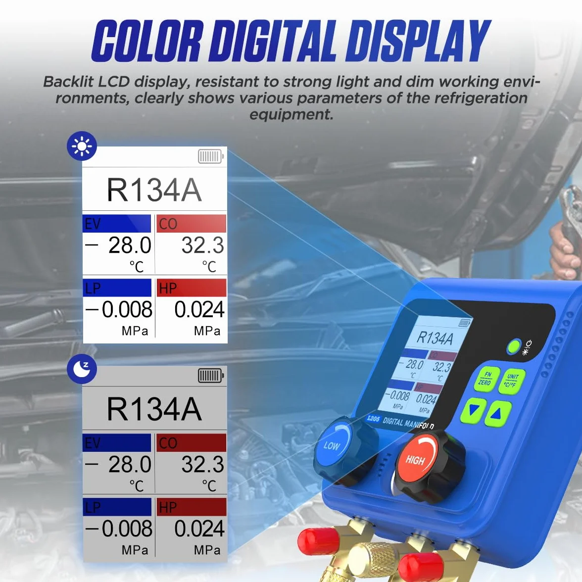 PLAYOCCAR HVAC Indicatori 92 tipi di kit di manometri digitali del refrigerante con TFT LCD, doppio test di pressione,Kit di ricarica del refrigerante Manometro per aria condizionata sottovuoto