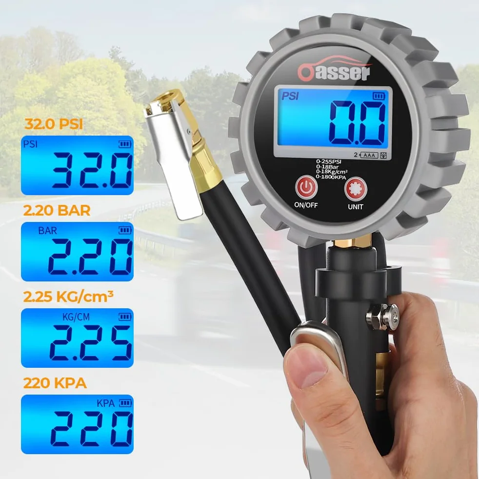 Oasser Manometro Pressione Gomme Professionale, Manometro Digitale, Pistola Gonfiaggio Pneumatici 255 PSI Alta Precisione con Luce a LED e Schermo LCD per Auto, SUV, Camion, Moto e Biciclette