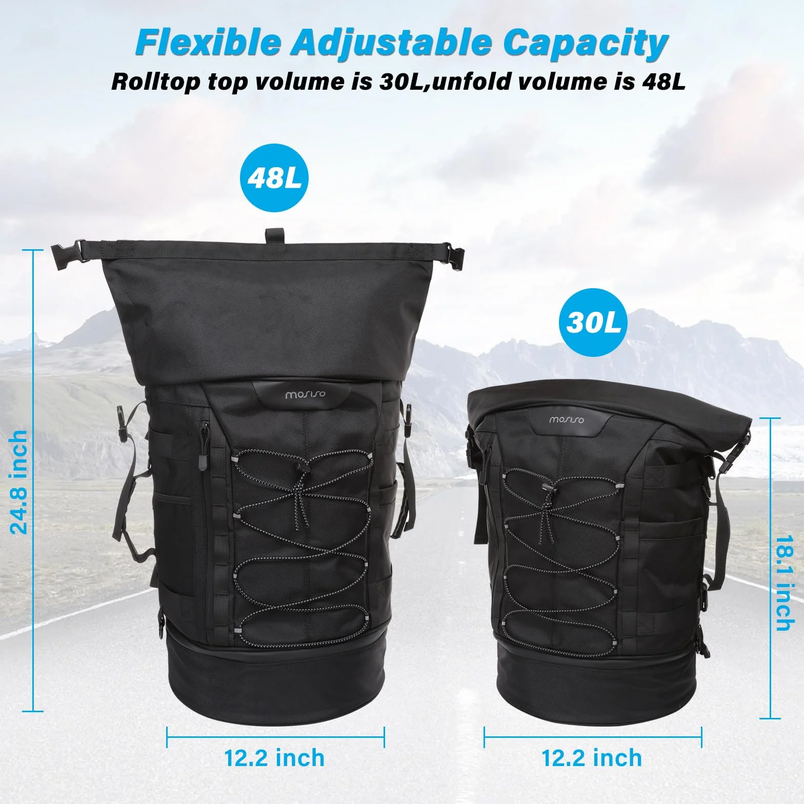 MOSISO Borsa Moto Schienale Sissy Bar da Viaggio Marsupio per Grande Capacita Espandibile 30L-48L, Borsa Posteriore Moto con Copertura Antipioggia e Tracolla, Nero