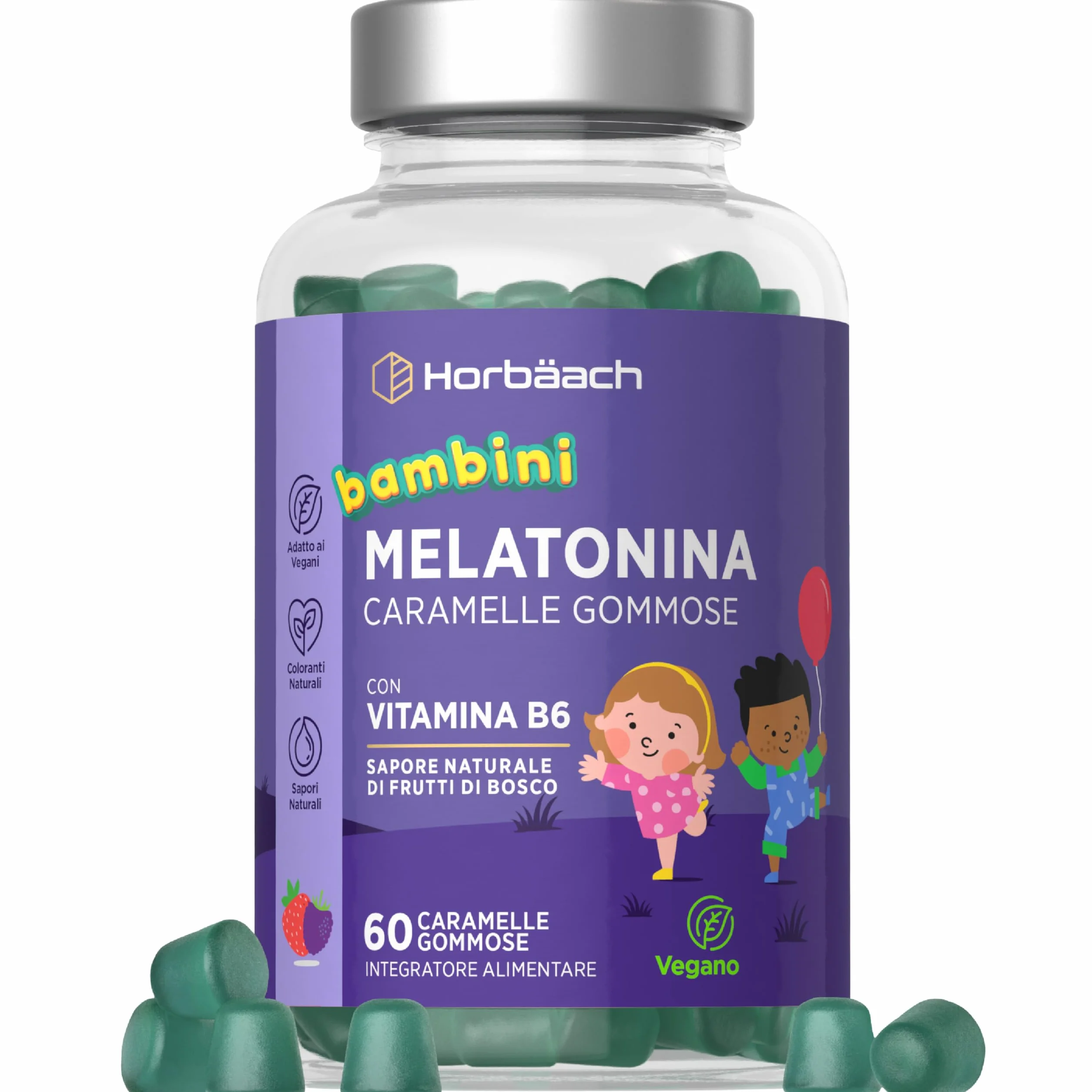 Horbaach Melatonina Bambini Gommose con Vitamina B6 60 Caramelle Integratore Alimentare