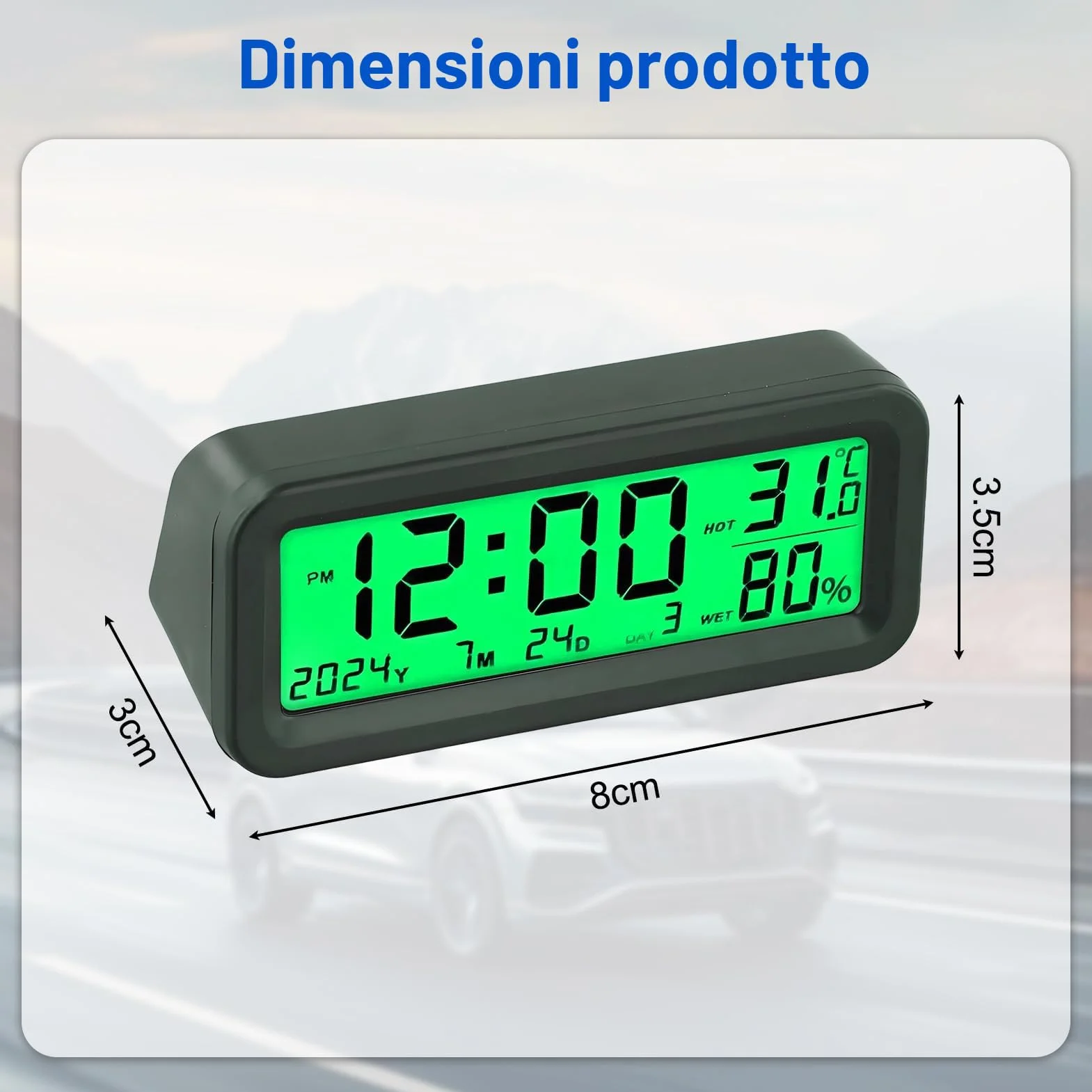 Mini orologio digitale per auto solare 8x3x3,5 cm data temperatura cruscotto blu verde