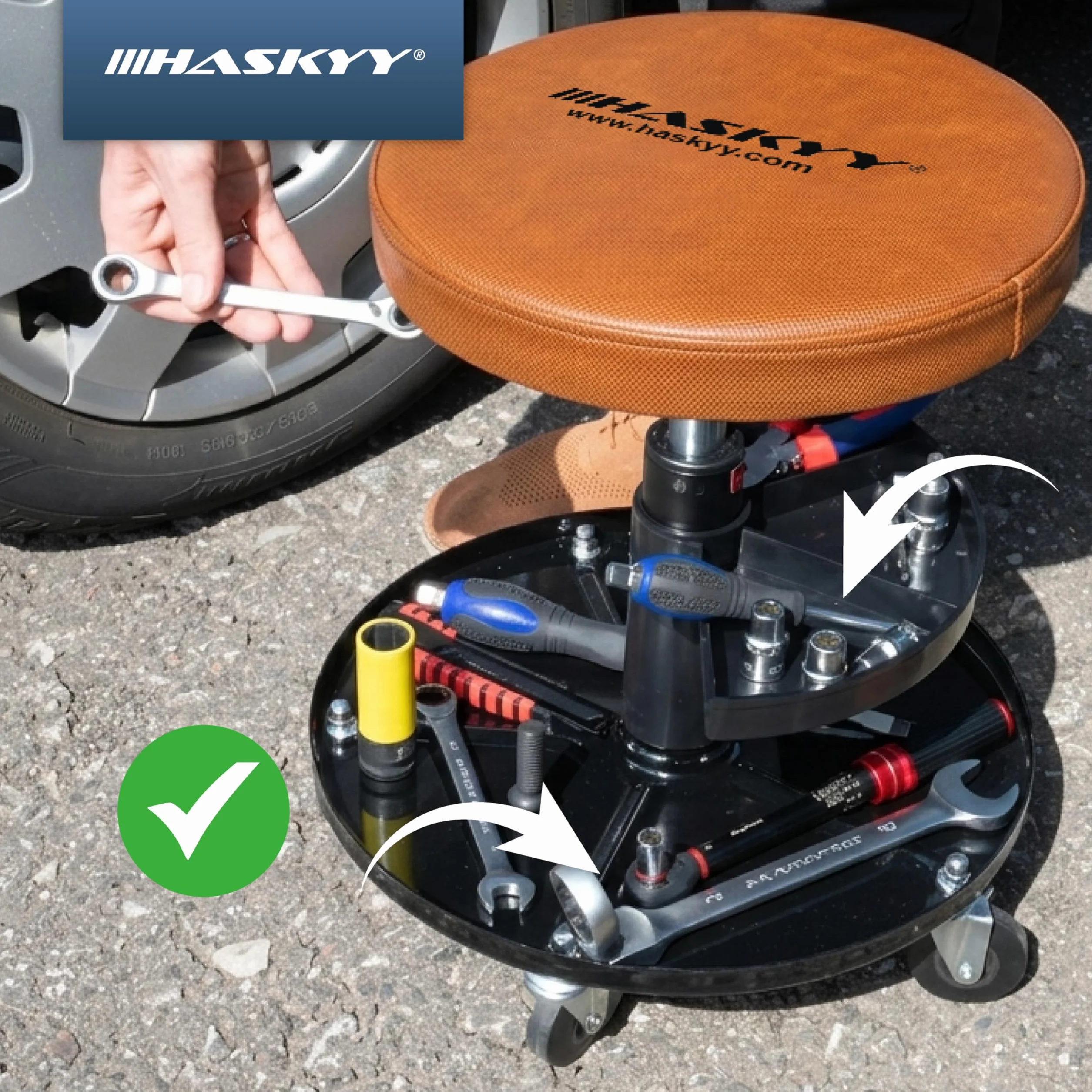 HASKYY Sgabello da officina con ruote 430-580 mm 40 cm 135 kg 2 ripiani