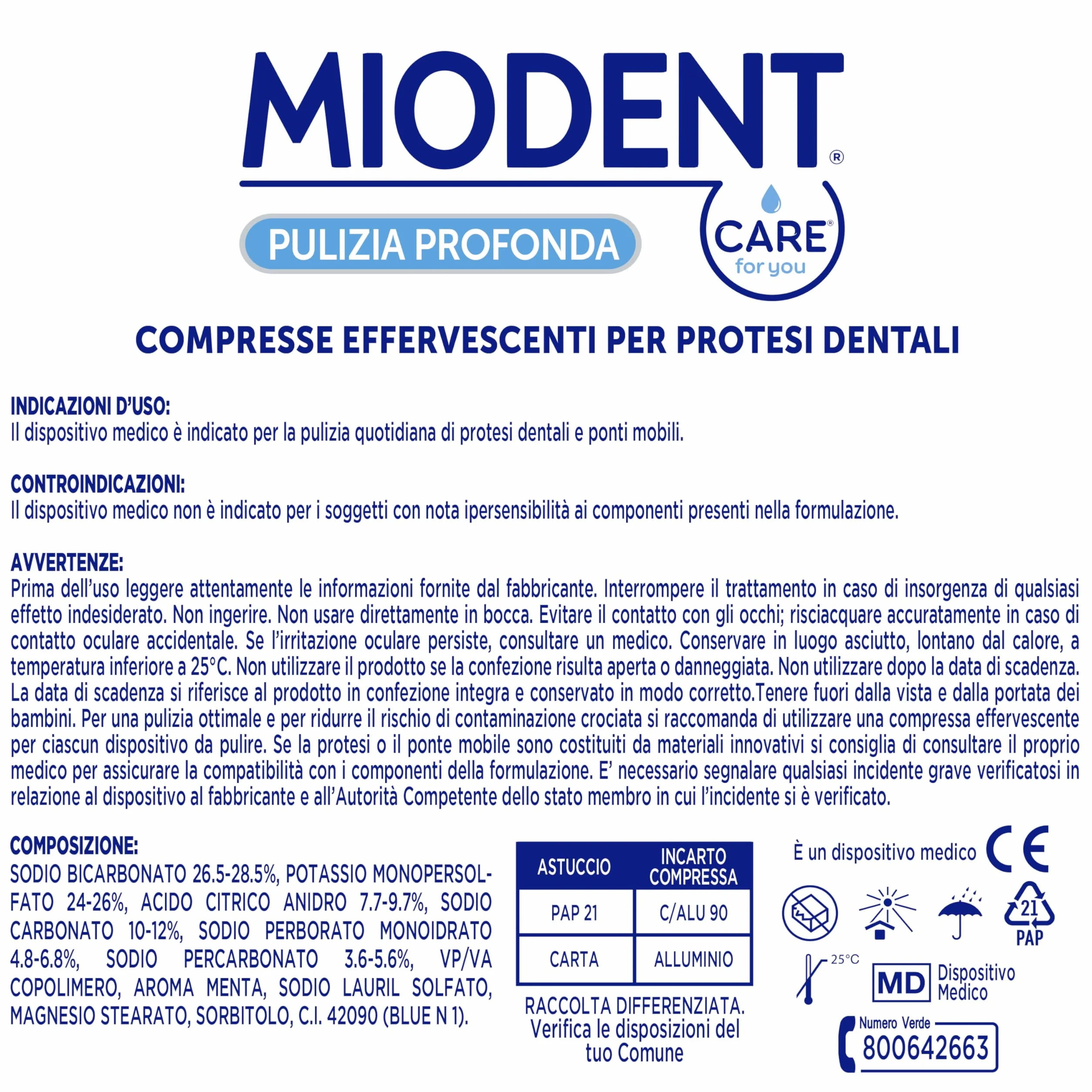 MIODENT Compresse Effervescenti per Protesi Dentali 56 compresse Igiene Rimozione Residui