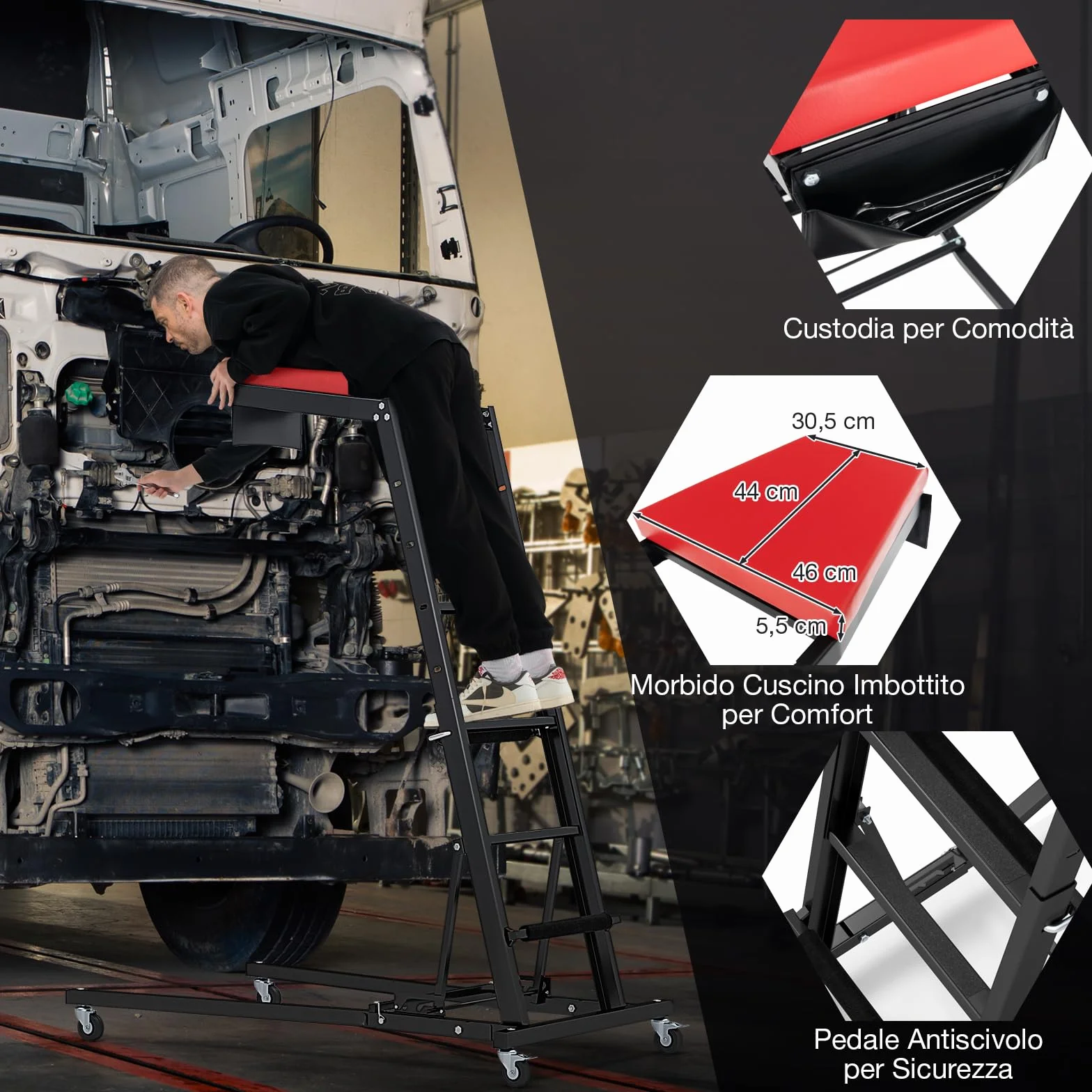 GYMAX Creeper Superiore Automobilistico z Regulowaną Wysokością 5-Poziomową, Kątem 3-Biegowym, 4 Kołami, Składany do Garażu