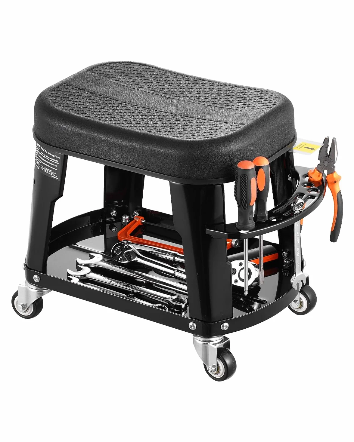 VEVOR Sgabello da Meccanico, Capacità di 136 kg Sgabello da Garage Girevole a 360° con Ruote, Vassoio Portautensili e Portacacciavite, Resistente, per Garage, Officina e Riparazione Auto, Nero