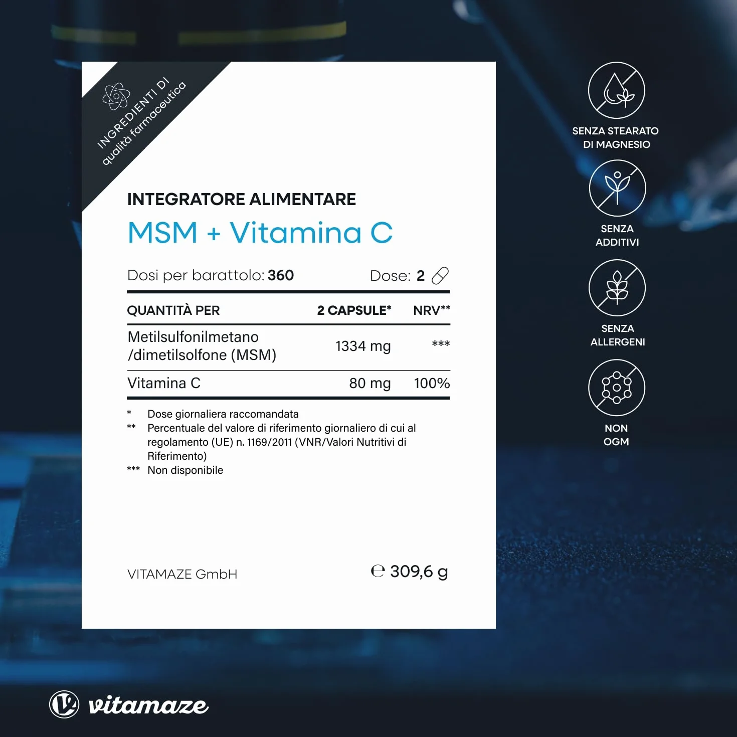MSM Integratori per Capelli e Ossa + Vitamina C, 360 Capsule, Metilsulfonilmetano Puro al 99,9%, Qualità Tedesca