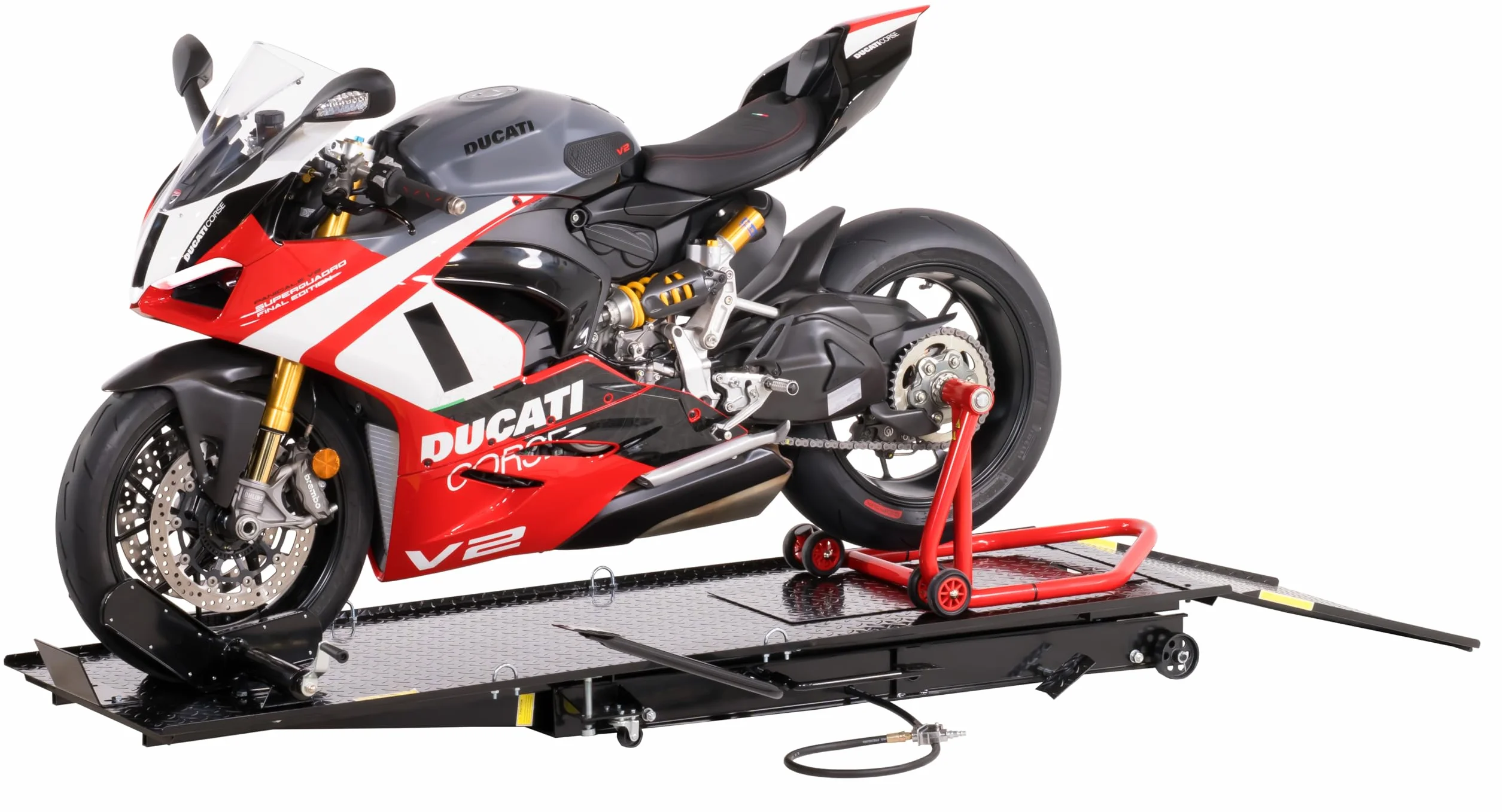 Ponte sollevatore per motocicletta, parallelogramma, 450 kg con pneumatico + azionamento a pedale, blu, PLB450-PAJ, 01646