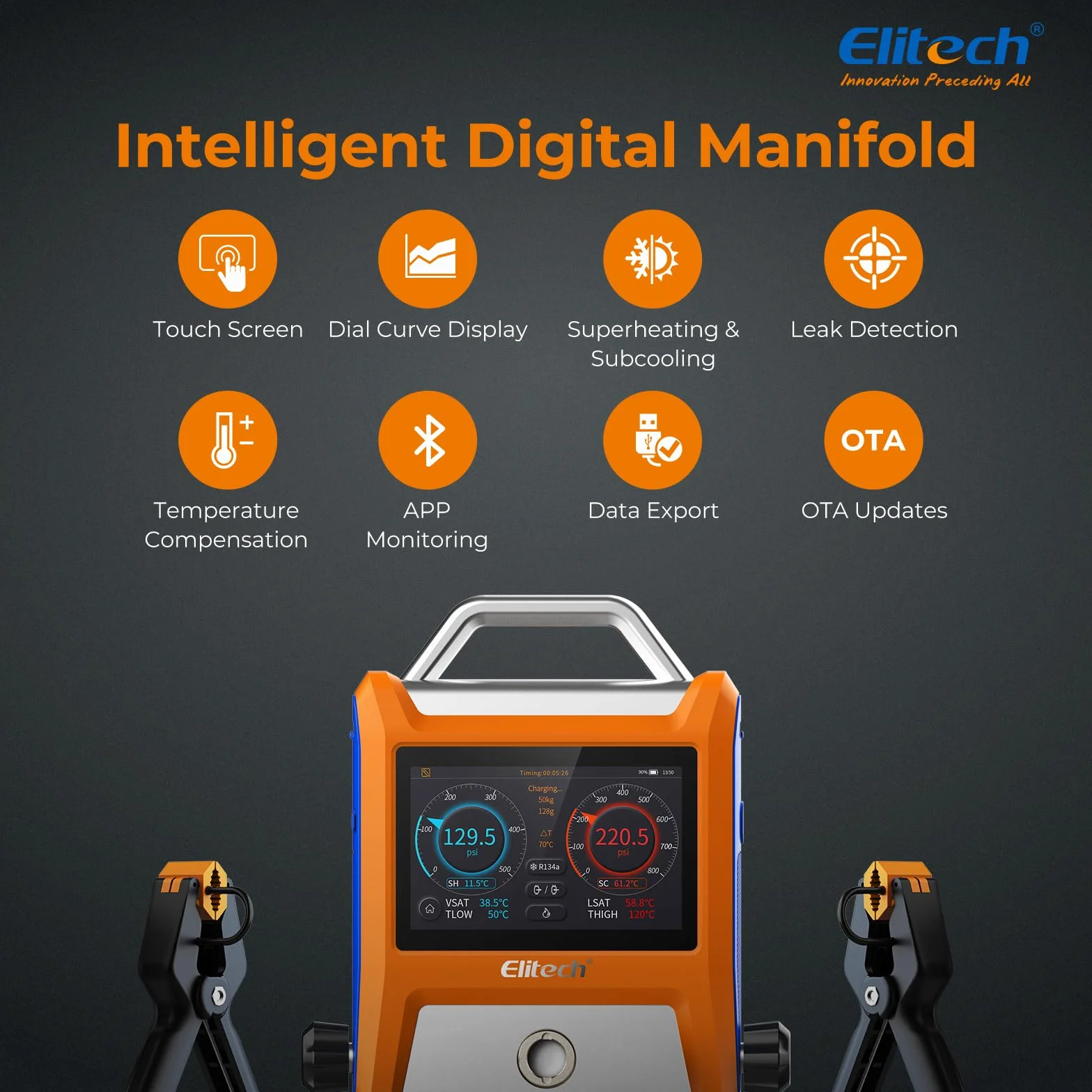 Elitech EMG-20V Kit Manometro Digitale Intelligente con Schermo Touch 5 Pollici Bluetooth per HVAC