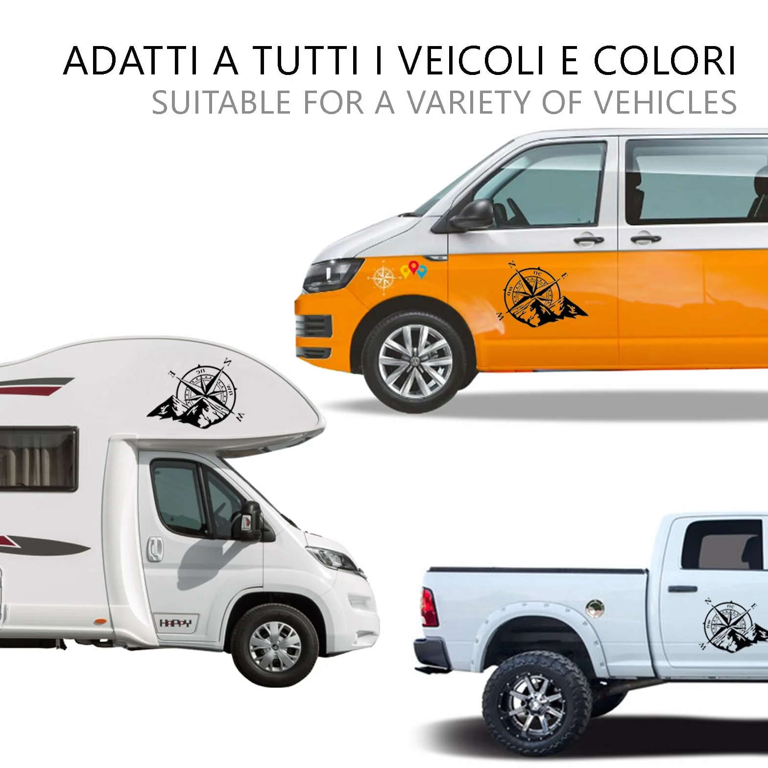Adesivo Rosa dei Venti 2 Pezzi 27x21cm 40x32cm Adesivi per Camper Auto Moto Fuoristrada Stickers Dakar Esterni Grandi Nero