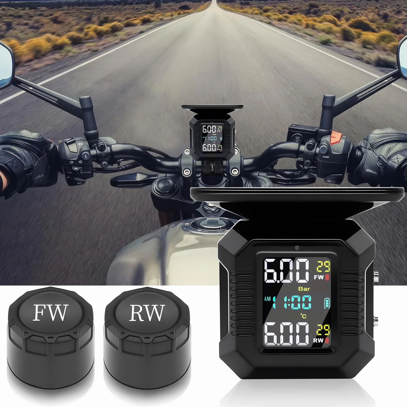 KAOLALI TPMS Moto Wireless Ricarica Solare USB Display LCD 2 Sensori Esterni Impermeabili