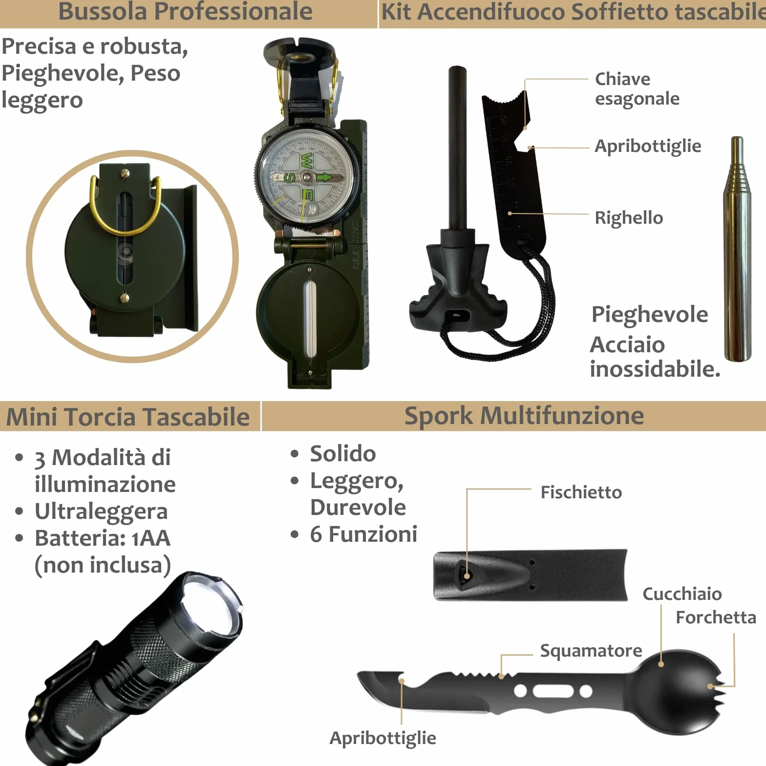 Kit Sopravvivenza & Primo Soccorso – Kit di Emergenza con 16 Strumenti Multifunzione e Più di 60 Articoli di Primo Soccorso – Ideale per Auto, Trekking, Campeggio & Scout – Robusto & Completo