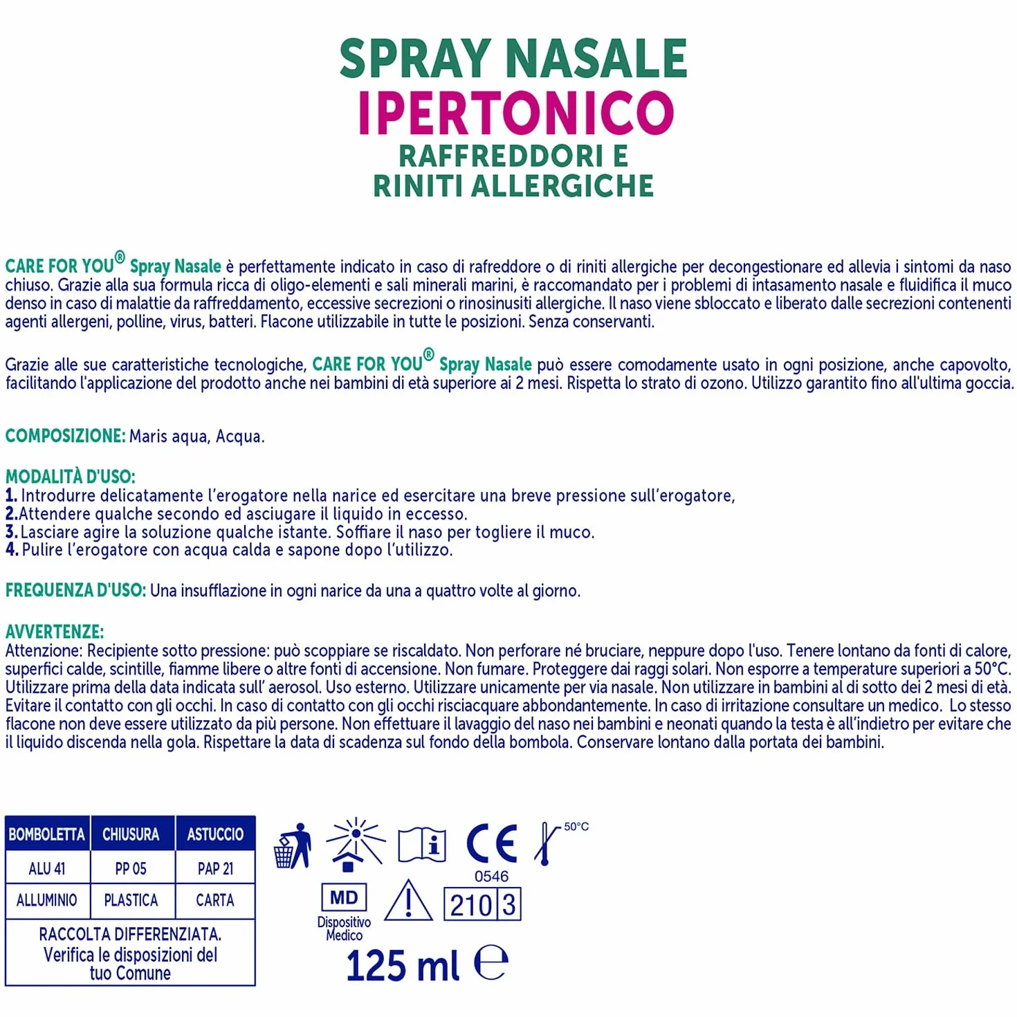 CARE For You Spray Nasale Ipertonico 125ml - Soluzione Acqua di Mare per Raffreddore e Allergie