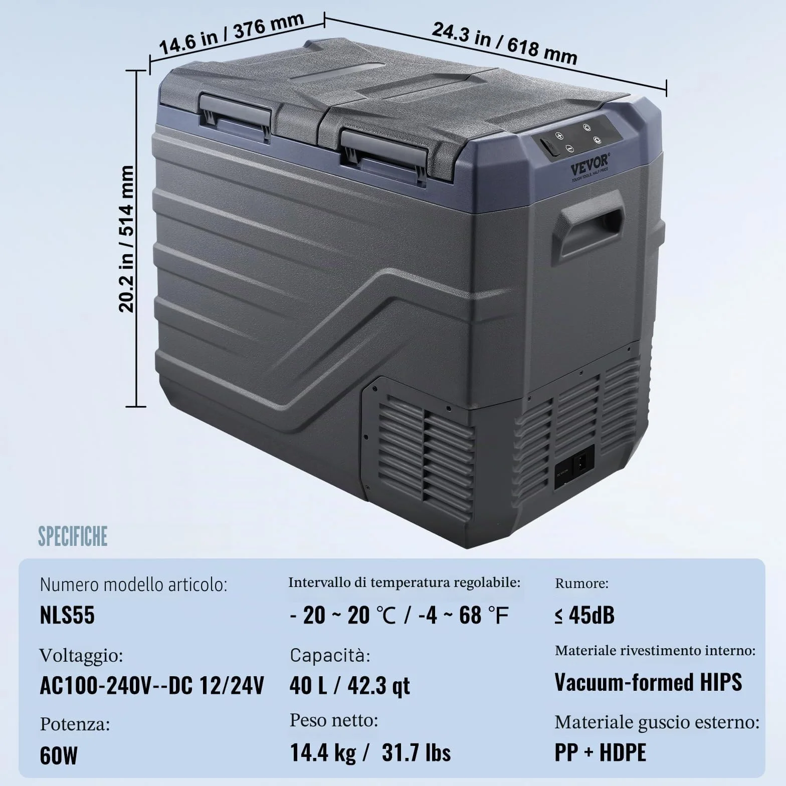 VEVOR Frigorifero per Auto Congelatore Portatile Doppia Zona 40 L 12 Volt -20~20℃ Compressore 12/24V CC 100-240V CA