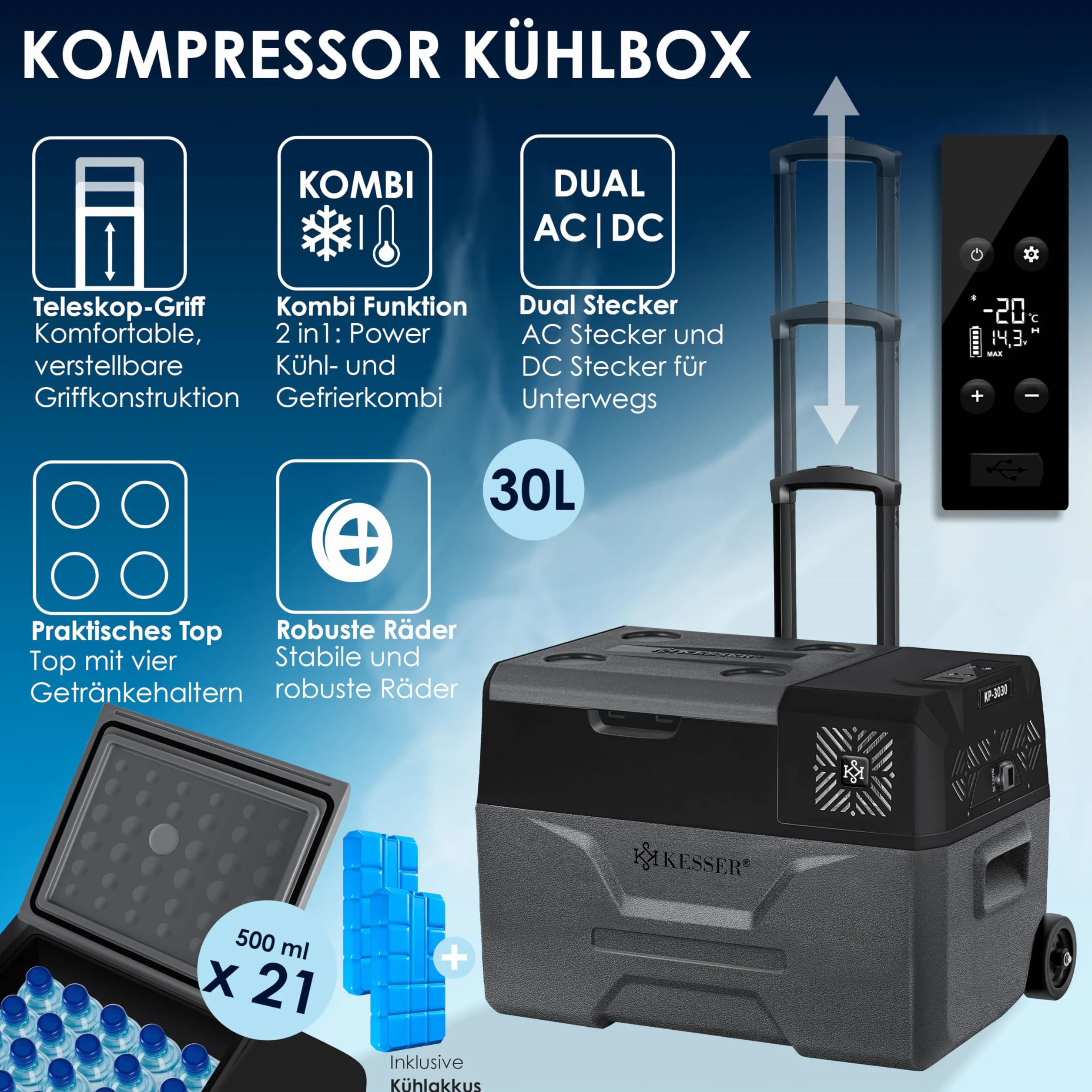 KESSER® Frigobar a compressore 30 litri Frigocongelatore Elettrico con Controllo Tramite App Connessione USB 12/24 V 230 V + Ruote telescopiche Frigorifero Raffreddamento Fino a -20 °C per Auto