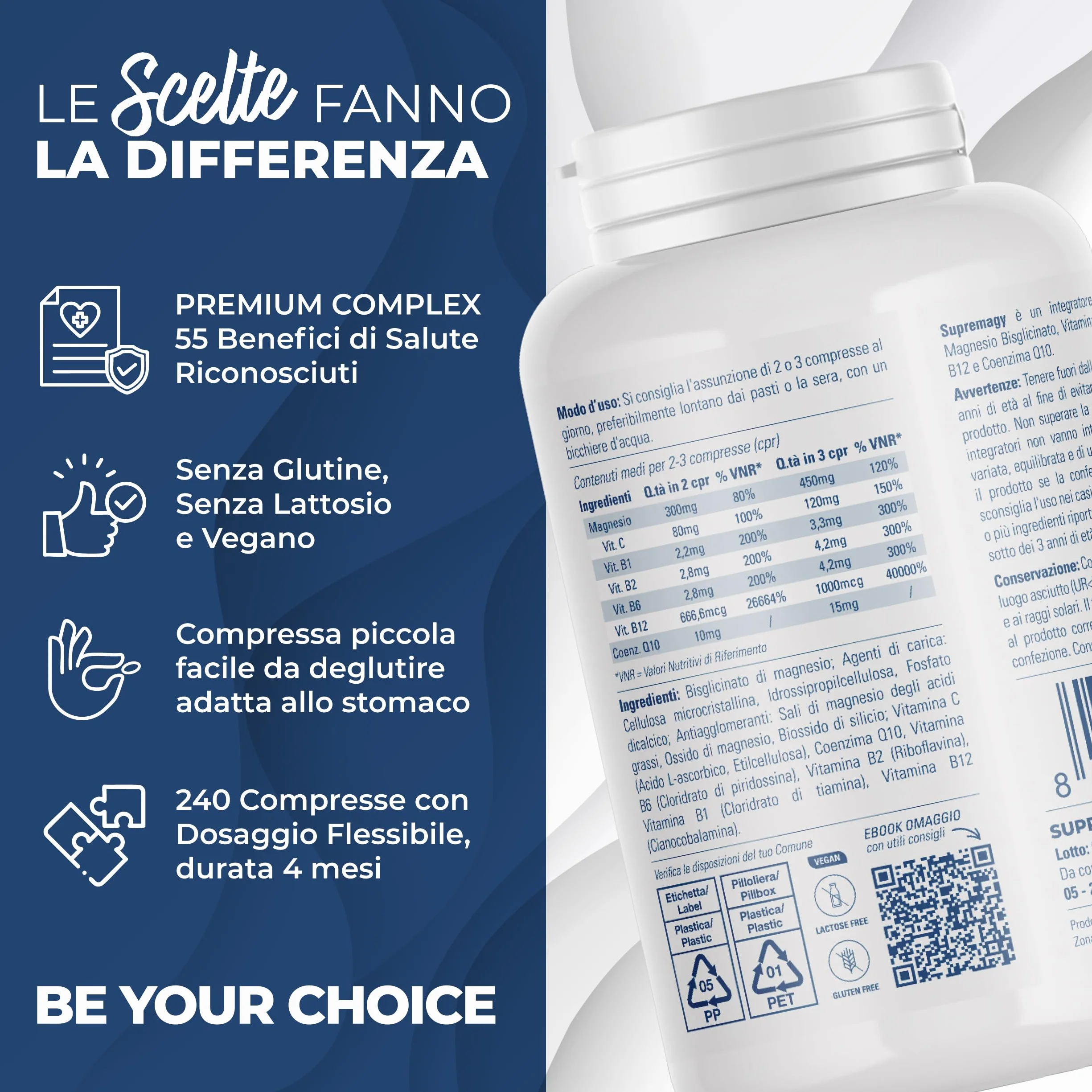 SUPREMAGY MAGNESIO BISGLICINATO 450mg 240 CPR Integratore Stanchezza Fisica e Mentale Vegano Made in Italy