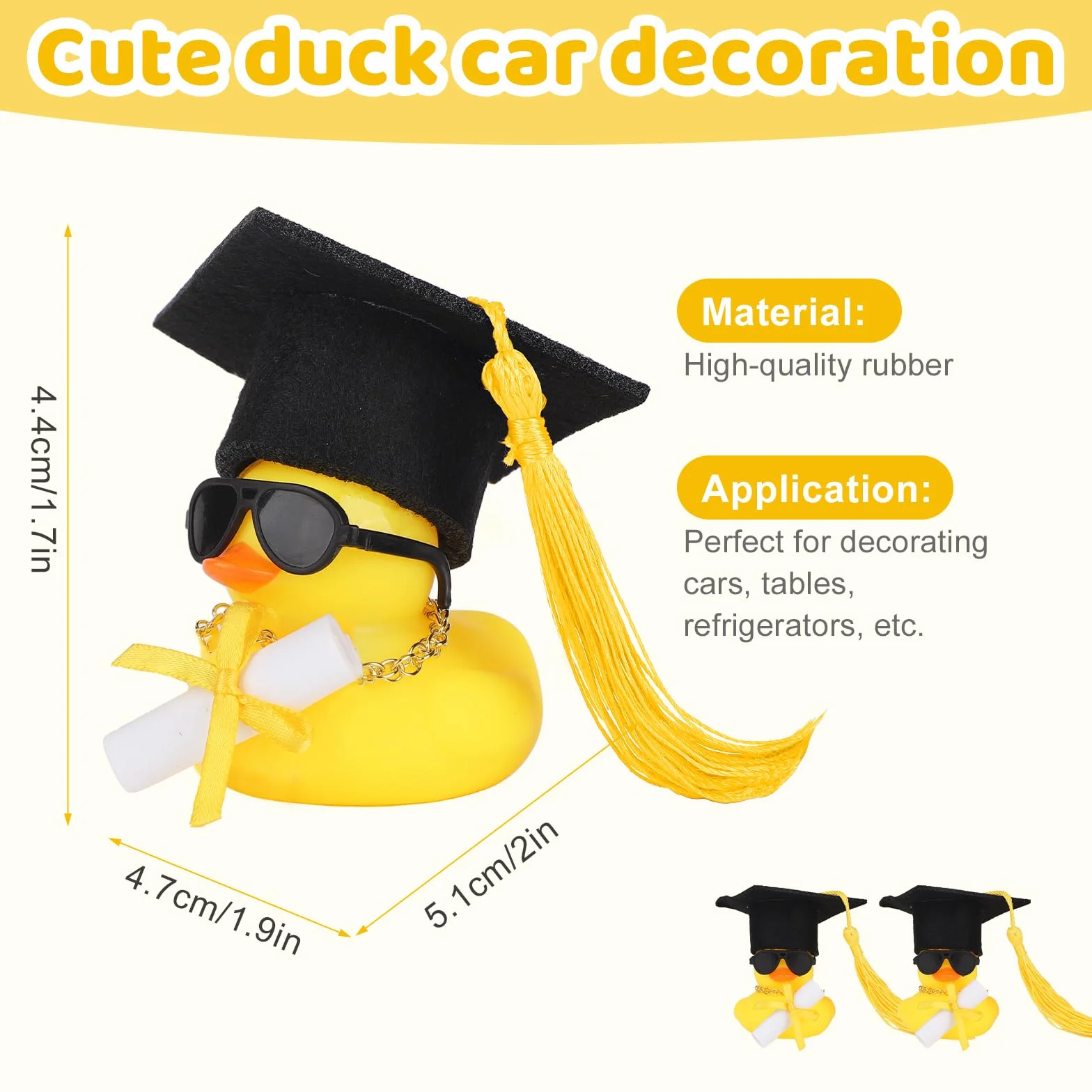 2pz Decorazione Cruscotto Auto a Forma di Paperella Gomma per Laurea, Mini Cappello da Diplomi Collana e Occhiali Sole Grazioso Ornamento di Paperella per Laureati Magistrali e Dottorandi (Giallo)