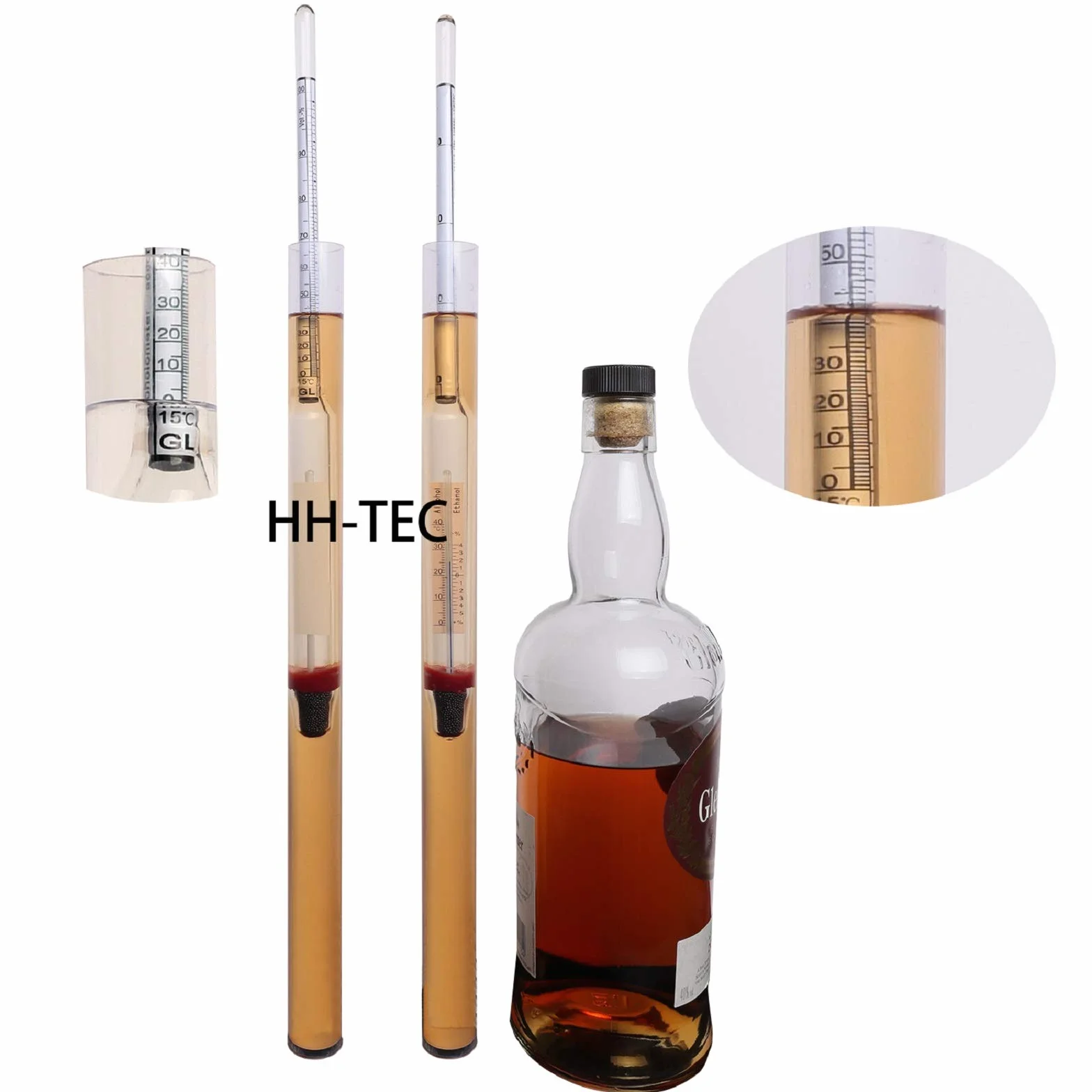HHTEC Alcolometro 0-100% Vol con Termometro Densimetro per Distillati Misuratore Grado Alcolico