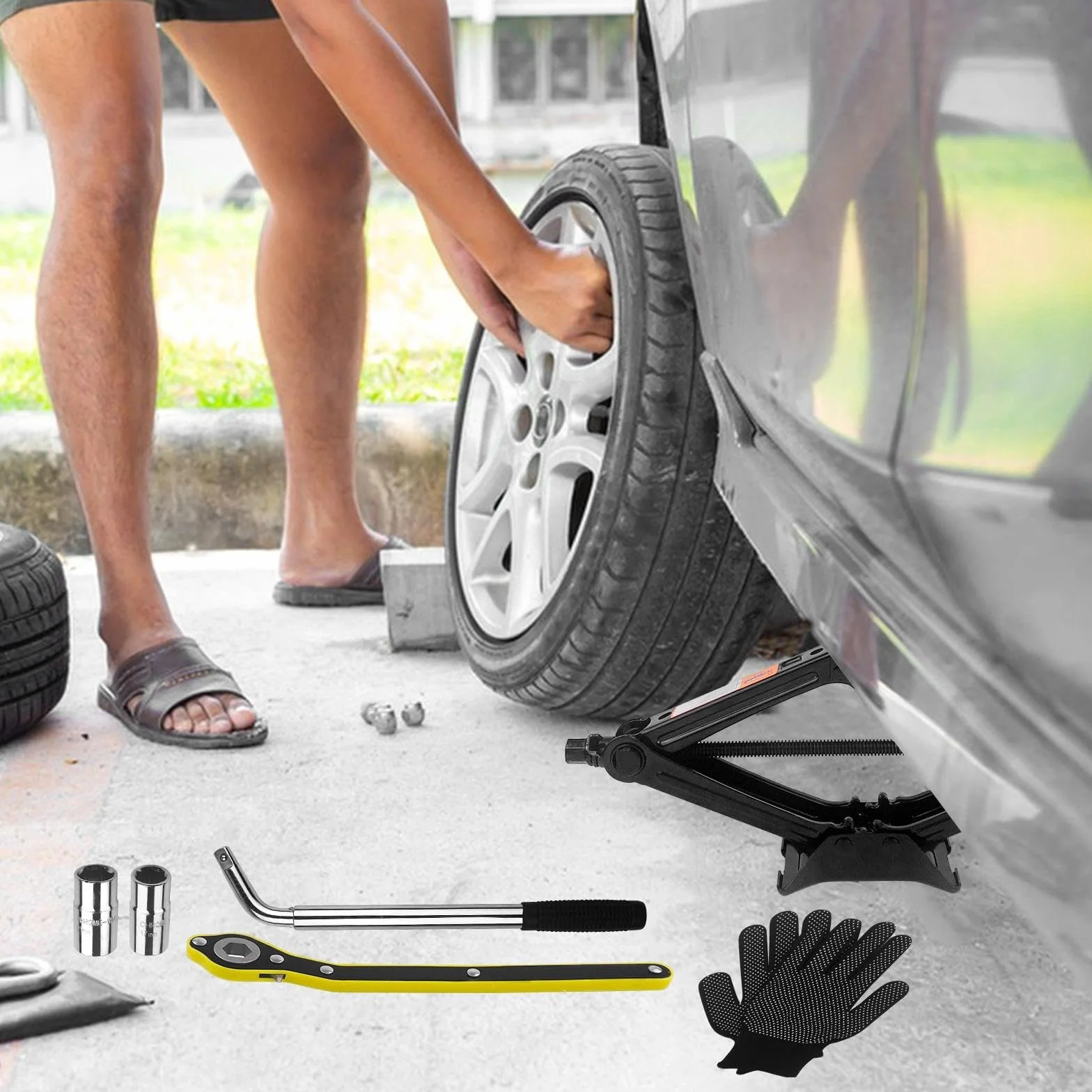 Chiluxendo 2,5T Cric per Auto, Cric a Forbice con Chiave per Dadi Ruota, Cricchetto Portatile