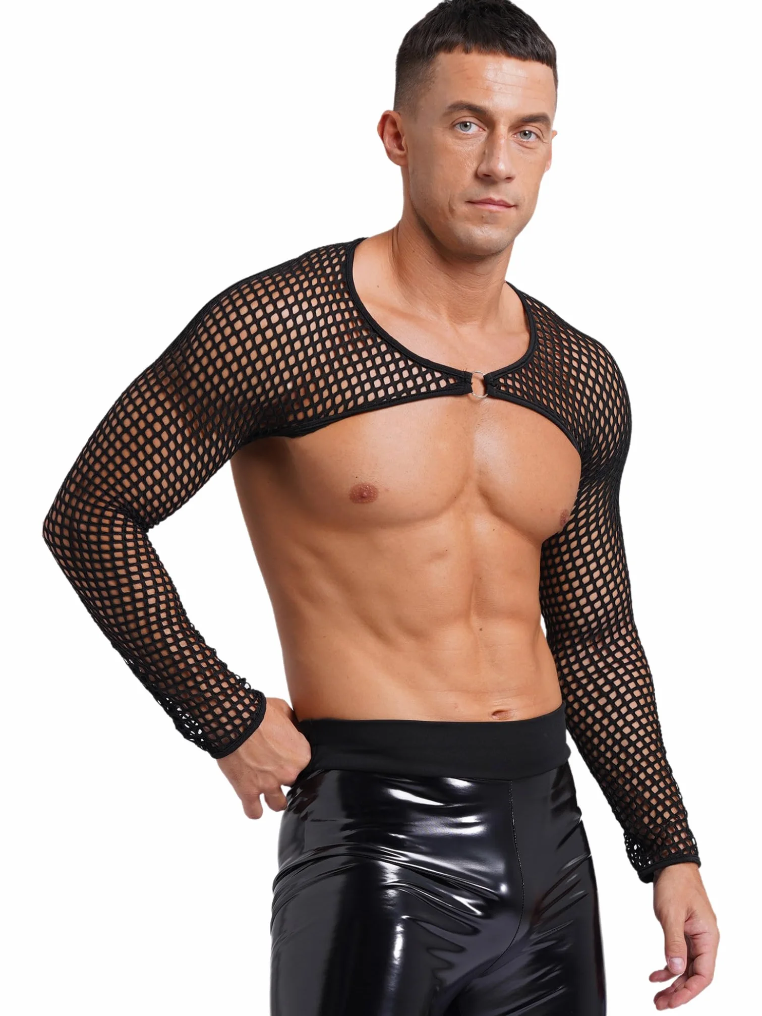 Męskie Lingerie Półprzezroczysta Siateczkowa Koszulka Crop Top Długa Rękaw