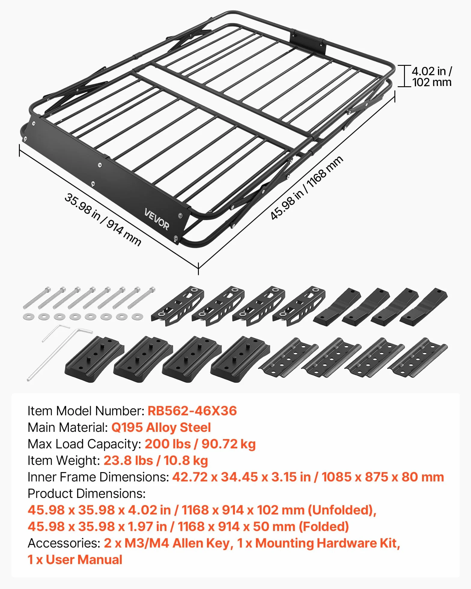 VEVOR Barra Portapacchi da Tetto per Auto, Portabagagli per Auto Telaio Pieghevole a Forma di X 1168 x 914 x 102 mm Carico 90,72 kg, Portapacchi Universale in Acciaio Legato per SUV Furgoni, Campeggio
