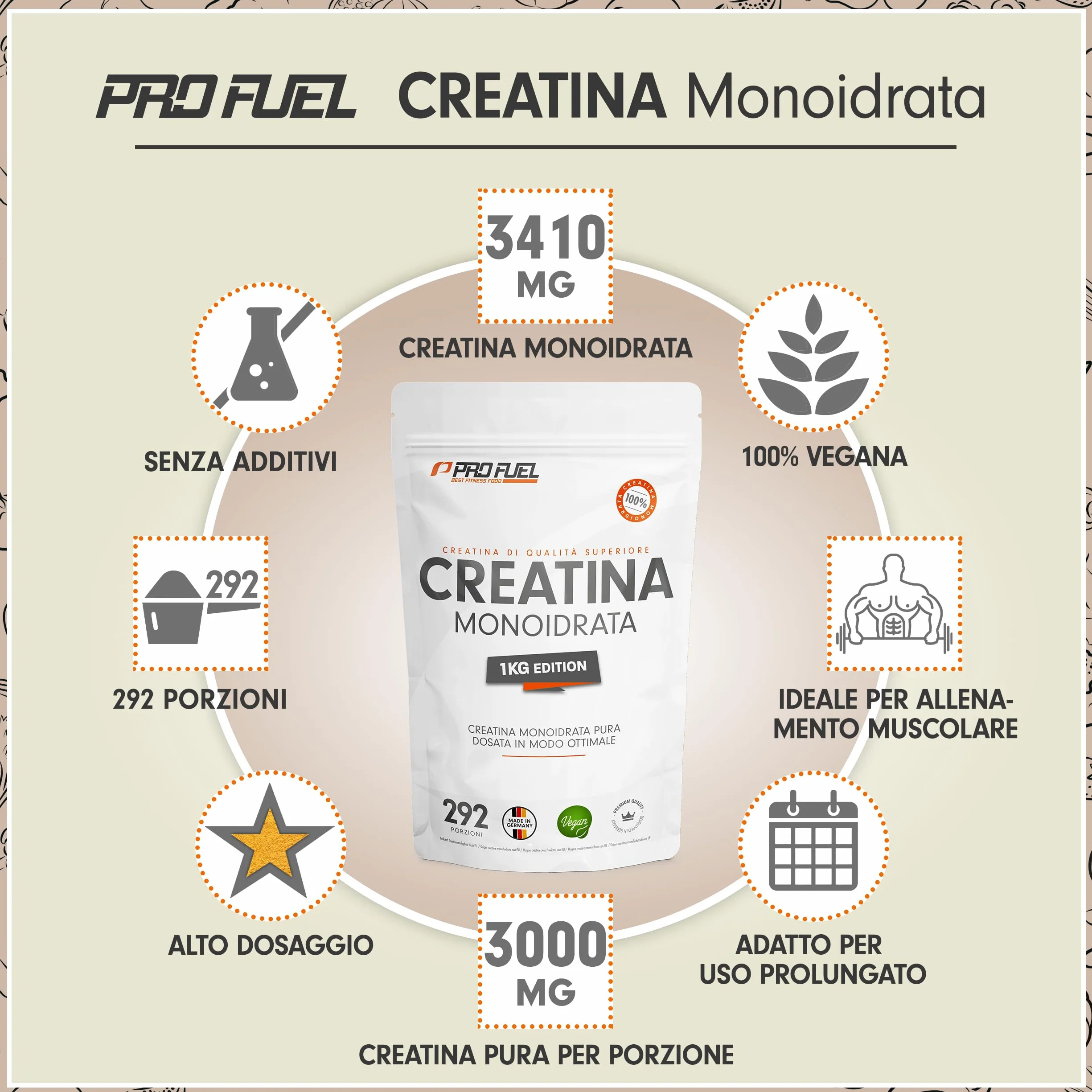 Creatina monoidrata polvere 1kg micronizzata pura vegana