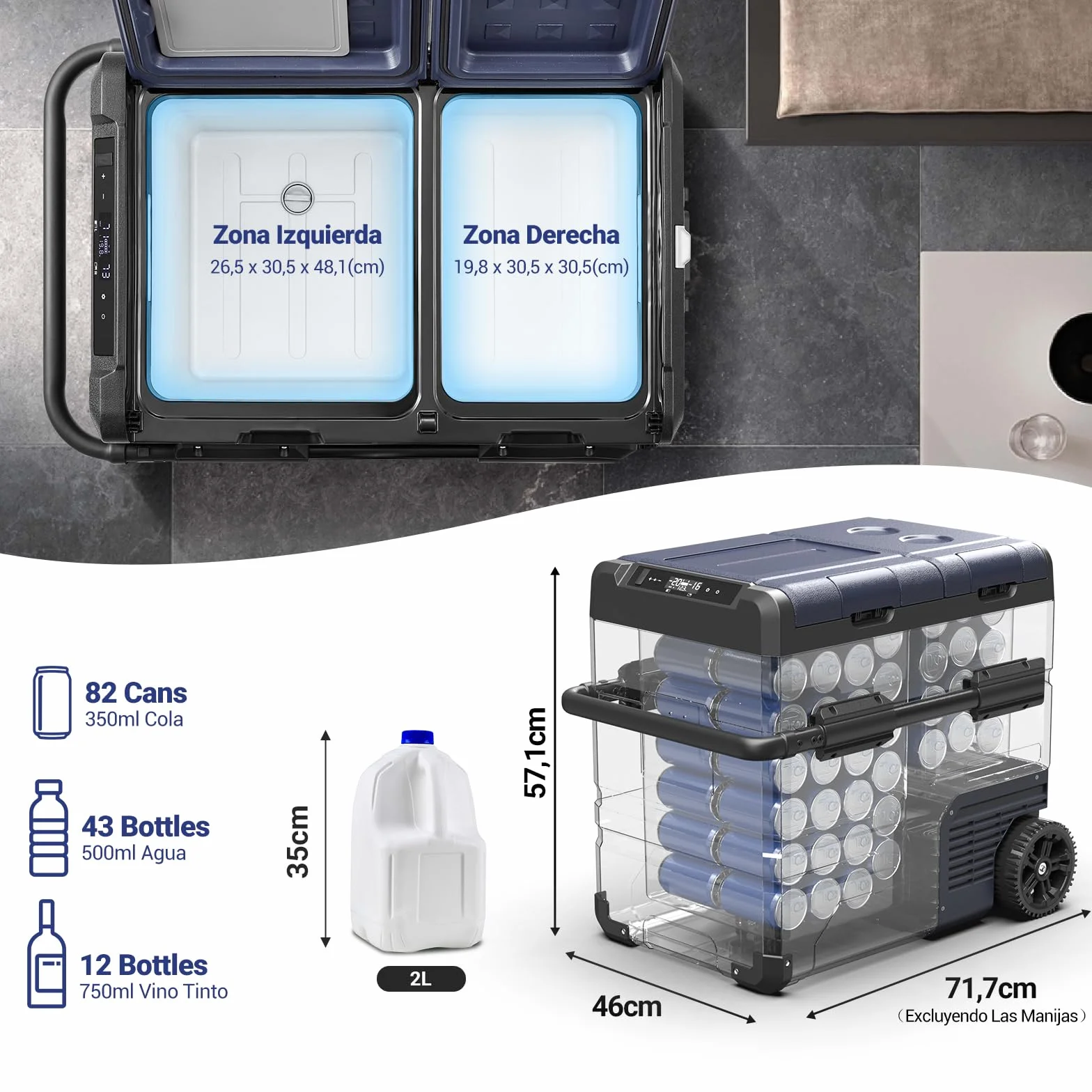 AAOBOSI 55L Frigo Portatile, Dual Zone, Frigo da Campeggio con APP, Ricarica USB, Illuminazione LED, 12/24 V e 100-240 V, -20°C a 20°C, Frigorifero Portatile con Ruote Per Molti Modelli Di Veicoli