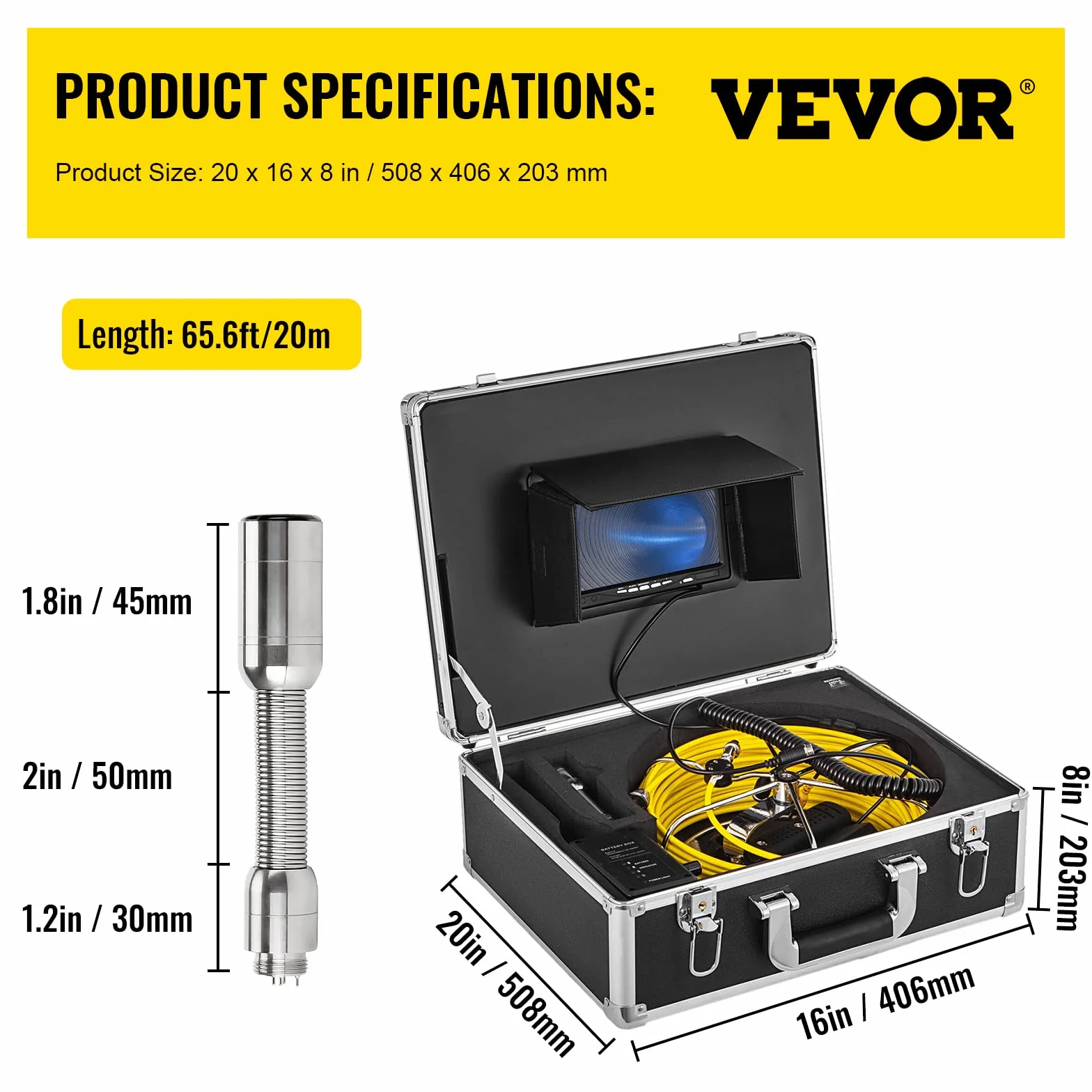 VEVOR Telecamera d'Ispezione per Fognatura Impermeabile Cavo da 20m Schermo LCD 7 Pollici