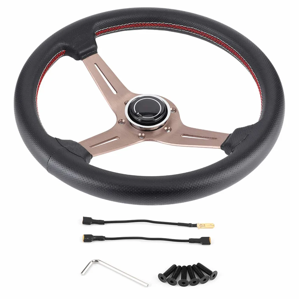 Volante Volante Nardi, Volante 250 Mm 14 Pollici per Mezzo Piatto a 6 Bulloni Stile Nardi Volante Corsa in Pelle Traforata Nera con Parti Modificate in Clacson