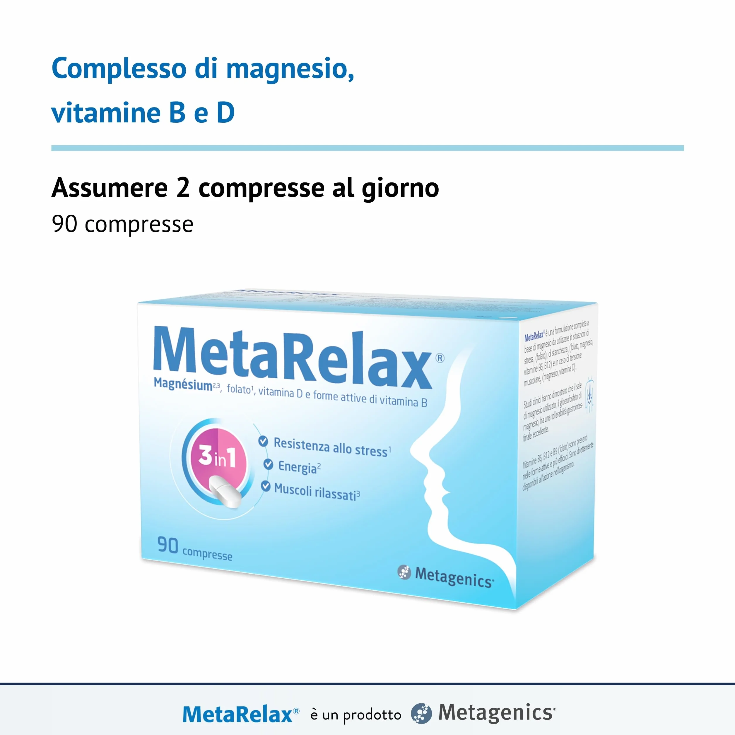 Metagenics MetaRelax Integratore di Magnesio con Vitamine B6, B12, Folato e Taurina 90 Compresse