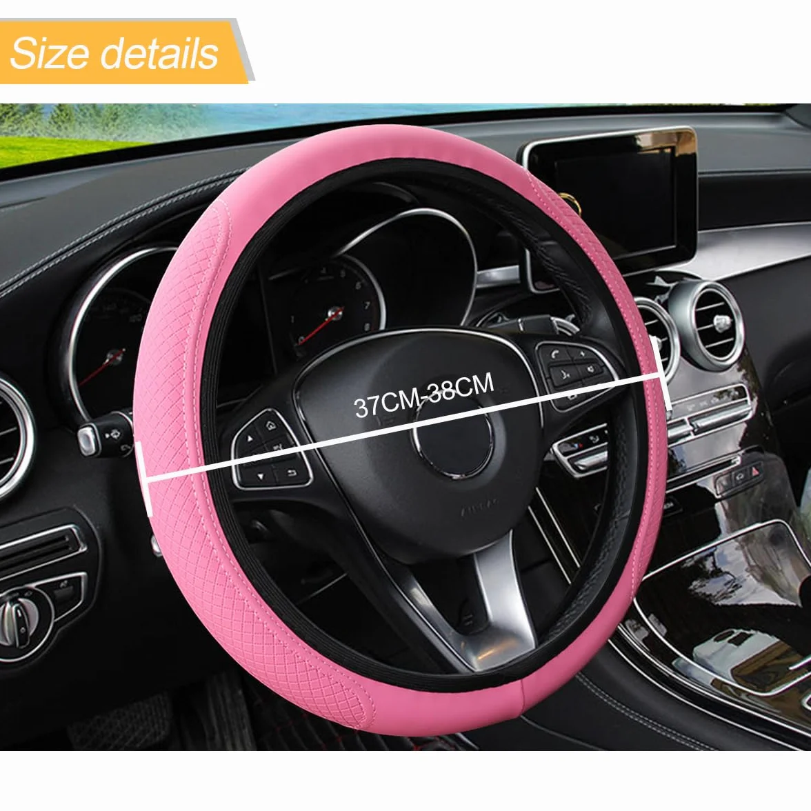 CGEAMDY Coprivolante per Auto, Coprivolante Auto Universale Finta Pelle, Traspirante e Antiscivolo, Pelle Microfibra Dimensioni Standard 38 cm, Accessori Auto Interno, Durevole Coprivolante(Rosa)