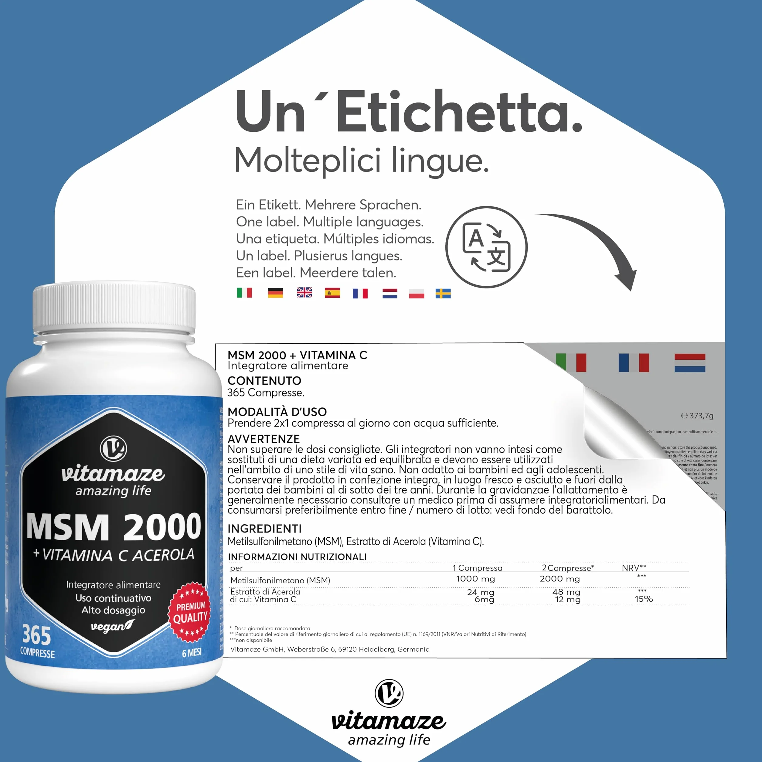 Vitamaze® MSM 2.000 mg Integratore Capelli e Ossa 360 Capsule Metilsulfonilmetano Puro al 99,9%